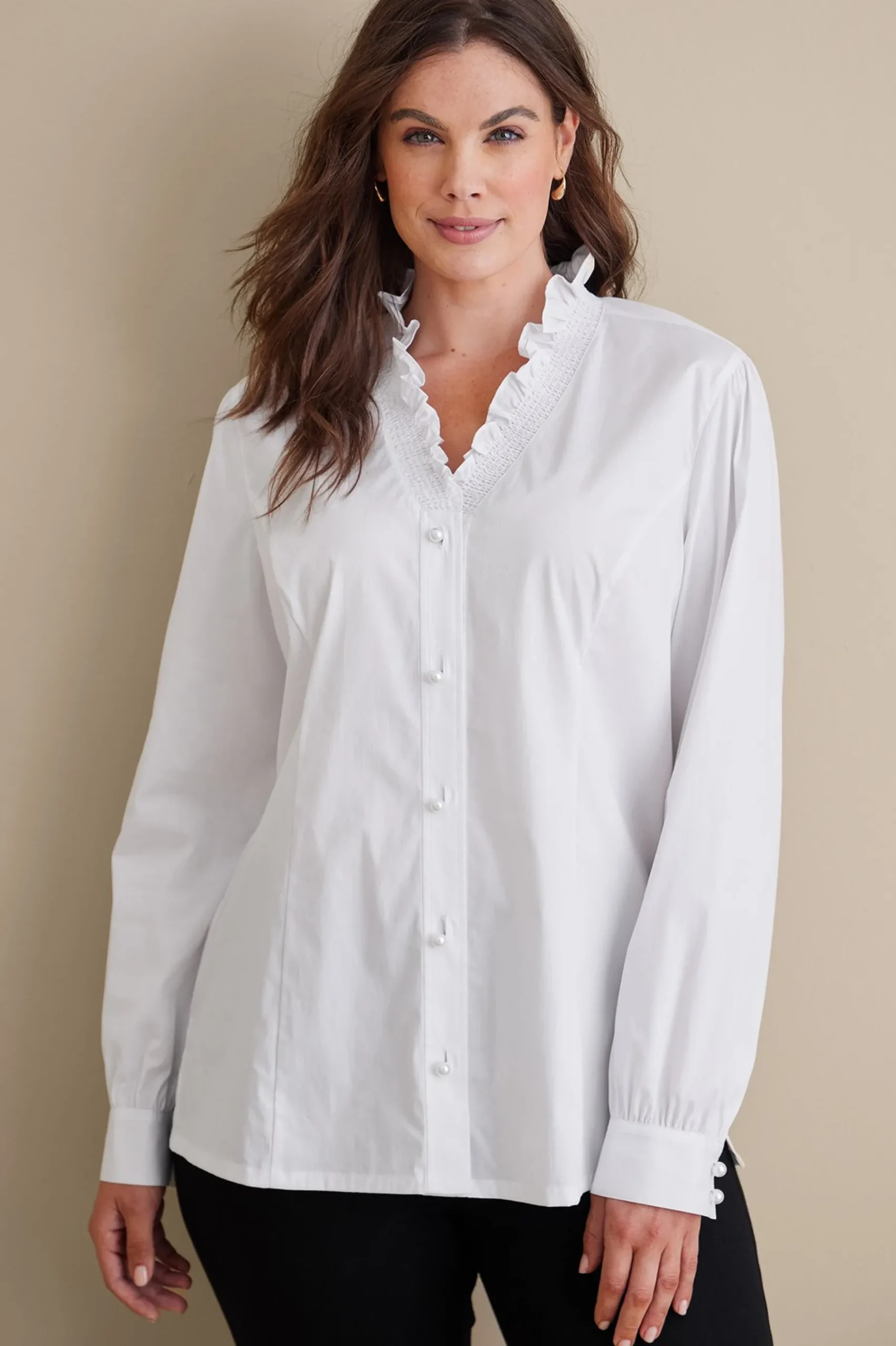 Feminine Flourish|long sleeve-Soft Surroundings Kata Ruffle Collar Shirt White