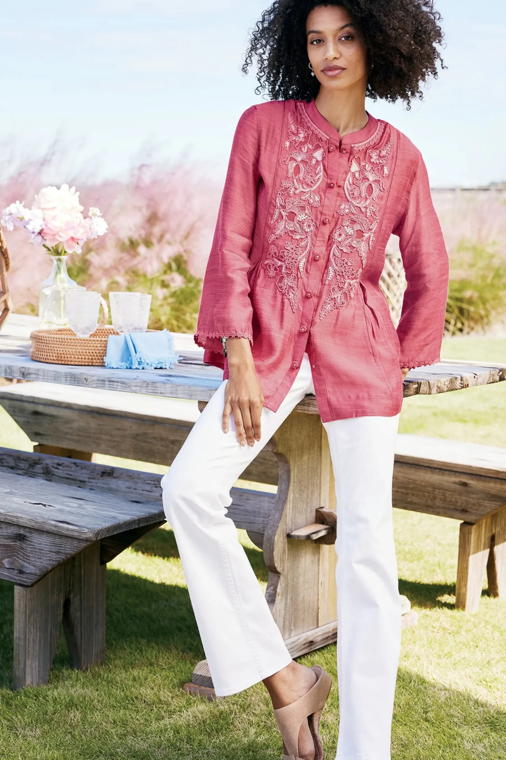 Feminine Flourish|Vacation Shop-Soft Surroundings Kateri Soutache Embroidered Top Fuchsia Pink