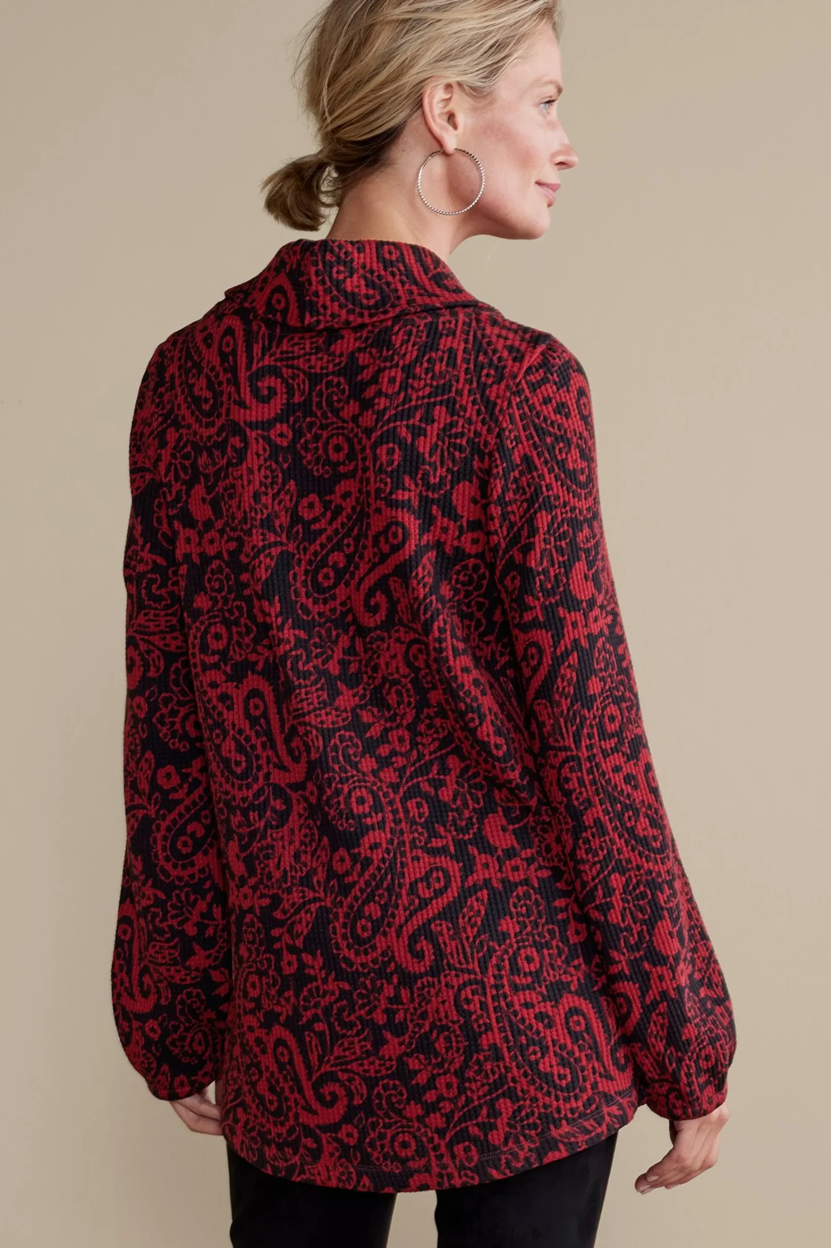 Everyday Styles|long sleeve-Soft Surroundings Kendra Waffle Top Red/Black Paisley
