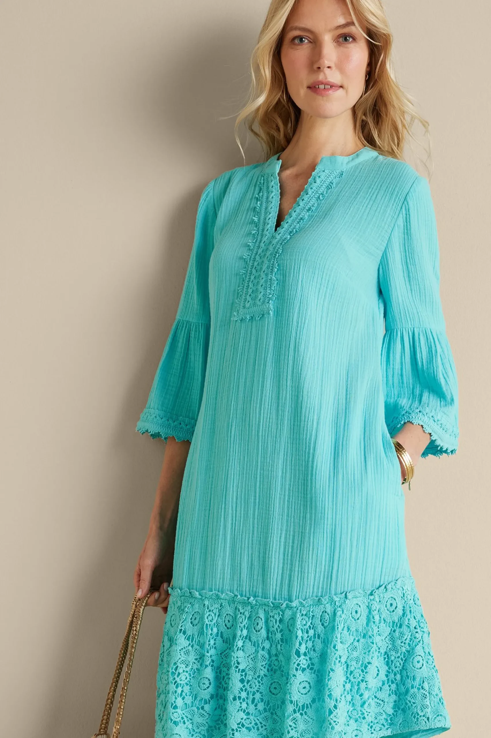 Into The Blues|Vacation Shop-Soft Surroundings Kiona Gauze Short Dress Hawaiian Aqua