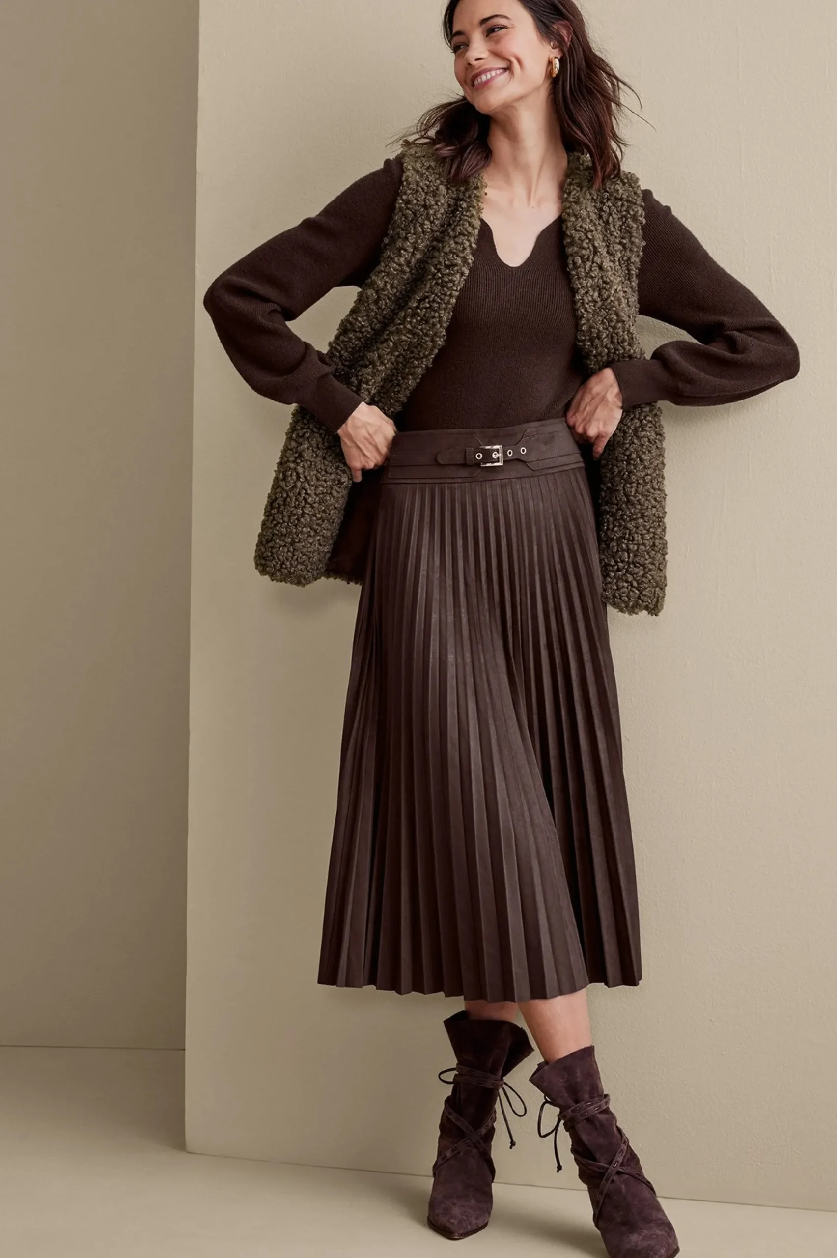 Skirts-Soft Surroundings Lavina Faux Suede Skirt Dark Brown