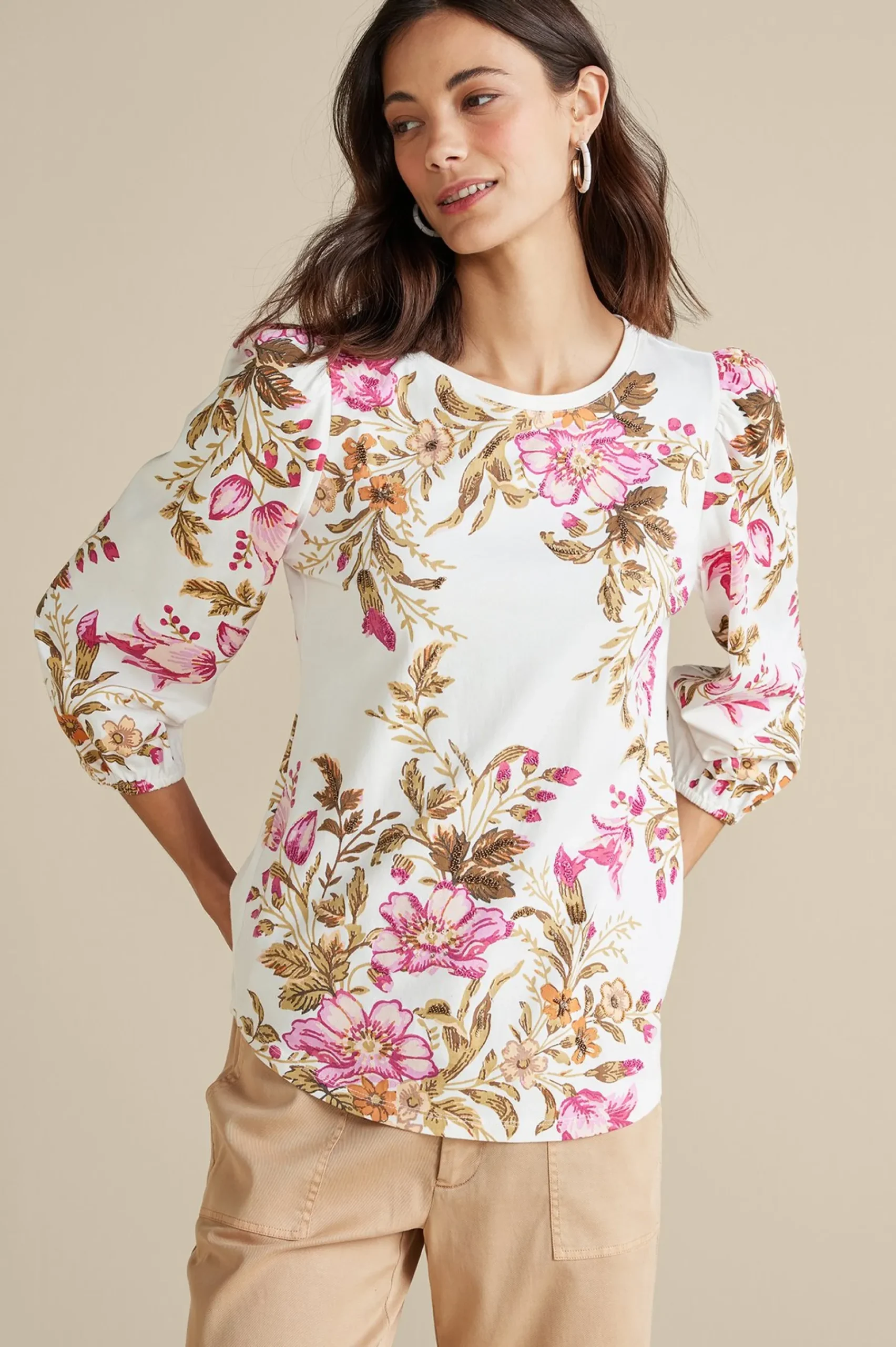 Feminine Flourish|three quarter length-Soft Surroundings Lesley Printed Top Painterly Peony Flowers