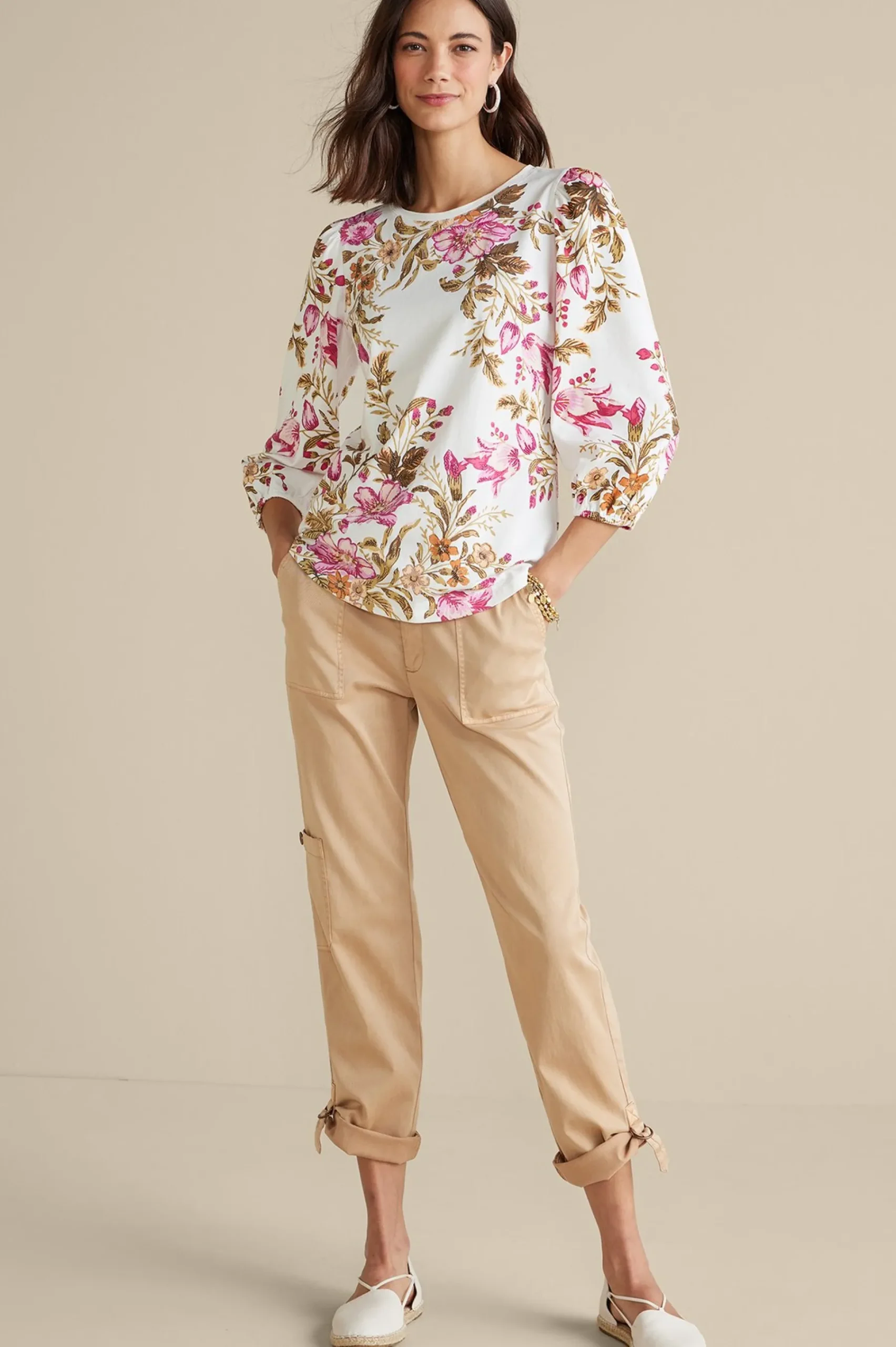 Feminine Flourish|three quarter length-Soft Surroundings Lesley Printed Top Painterly Peony Flowers