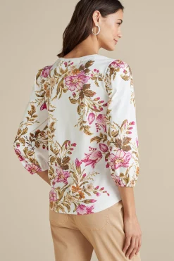 Feminine Flourish|three quarter length-Soft Surroundings Lesley Printed Top Painterly Peony Flowers