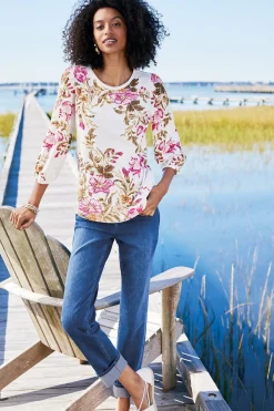 Feminine Flourish|three quarter length-Soft Surroundings Lesley Printed Top Painterly Peony Flowers