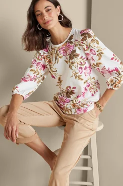 Feminine Flourish|three quarter length-Soft Surroundings Lesley Printed Top Painterly Peony Flowers