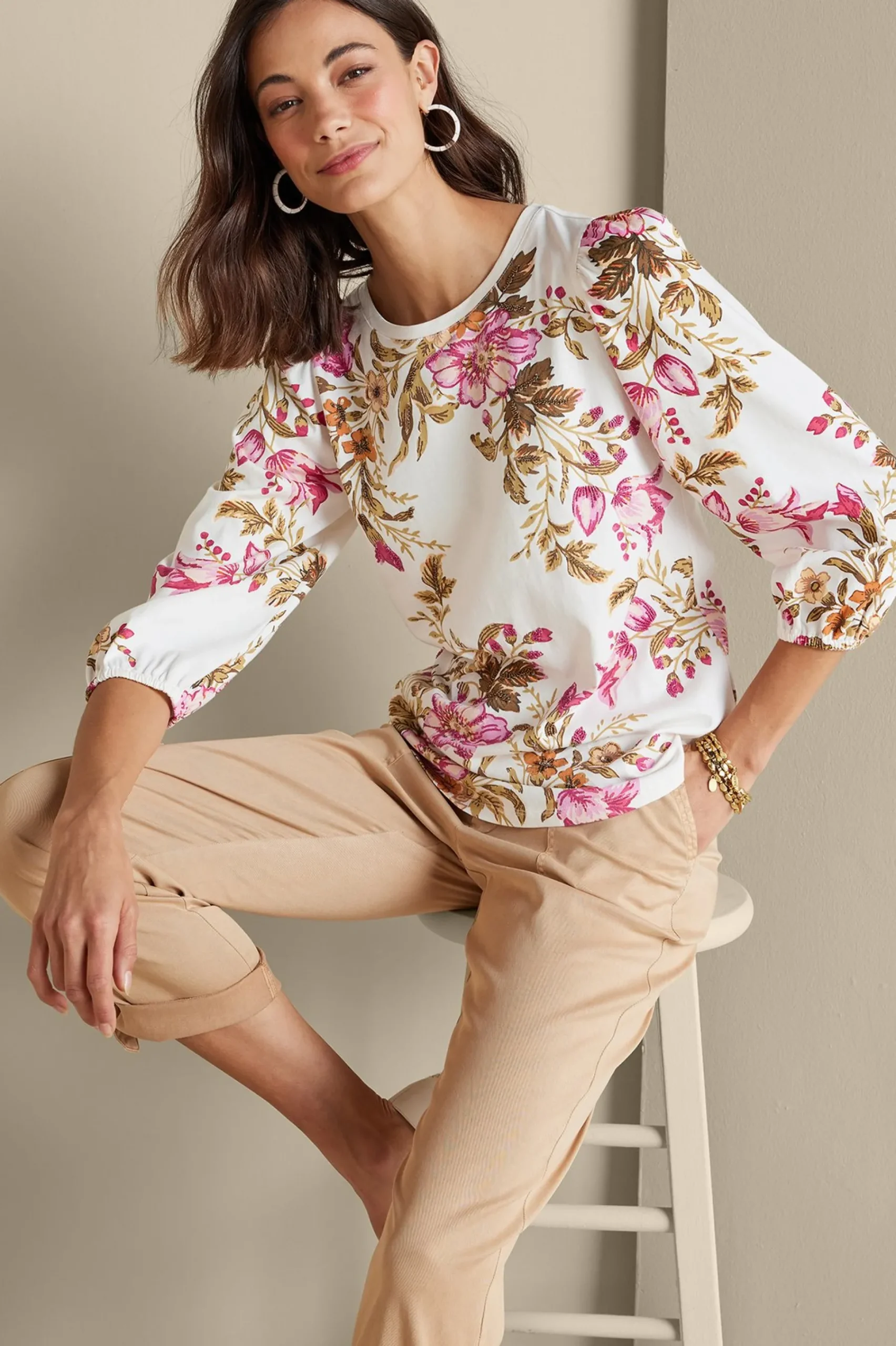 Feminine Flourish|three quarter length-Soft Surroundings Lesley Printed Top Painterly Peony Flowers