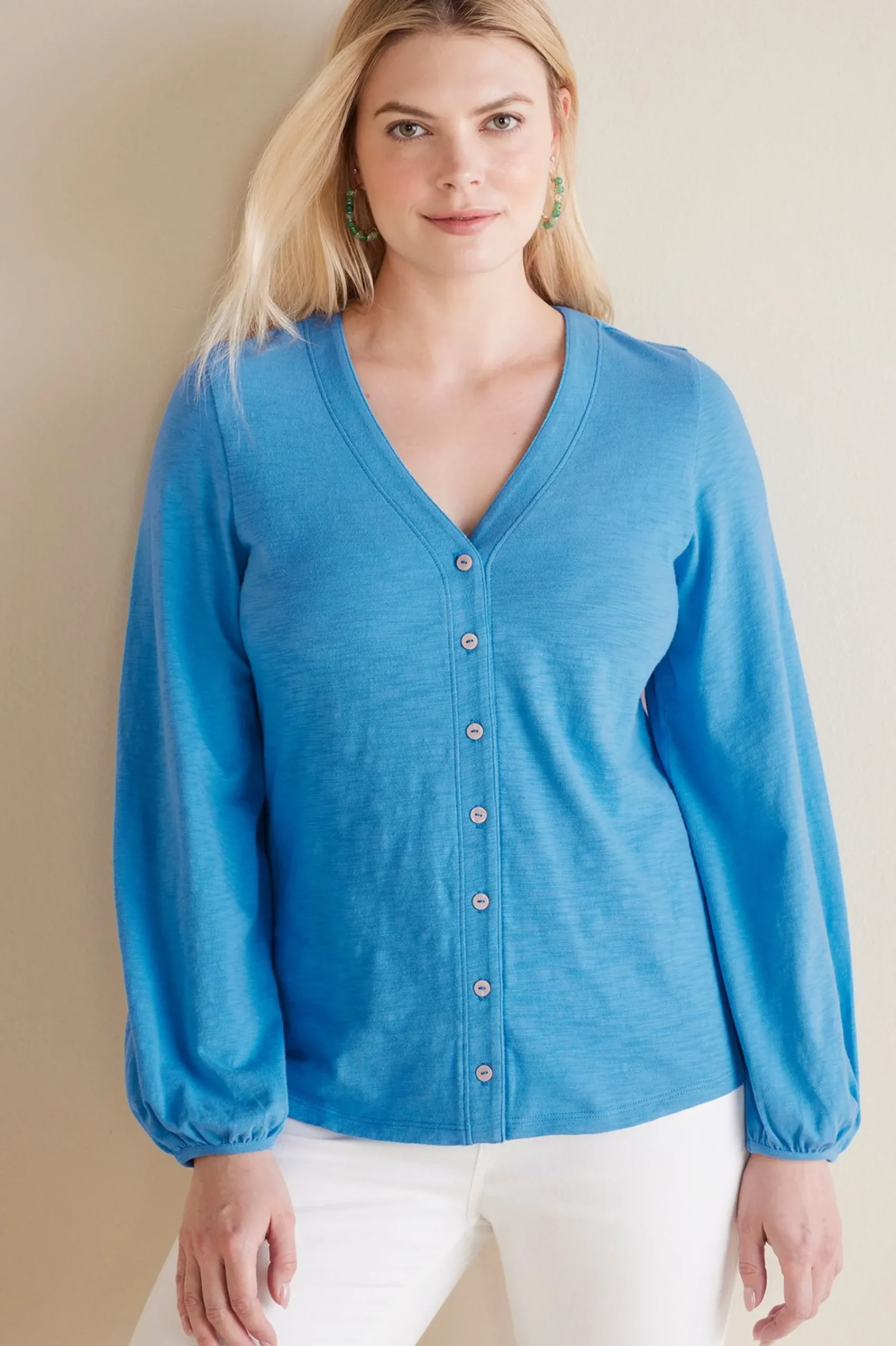 long sleeve|shirts-Soft Surroundings Lorna Button Front Top Swedish Blue