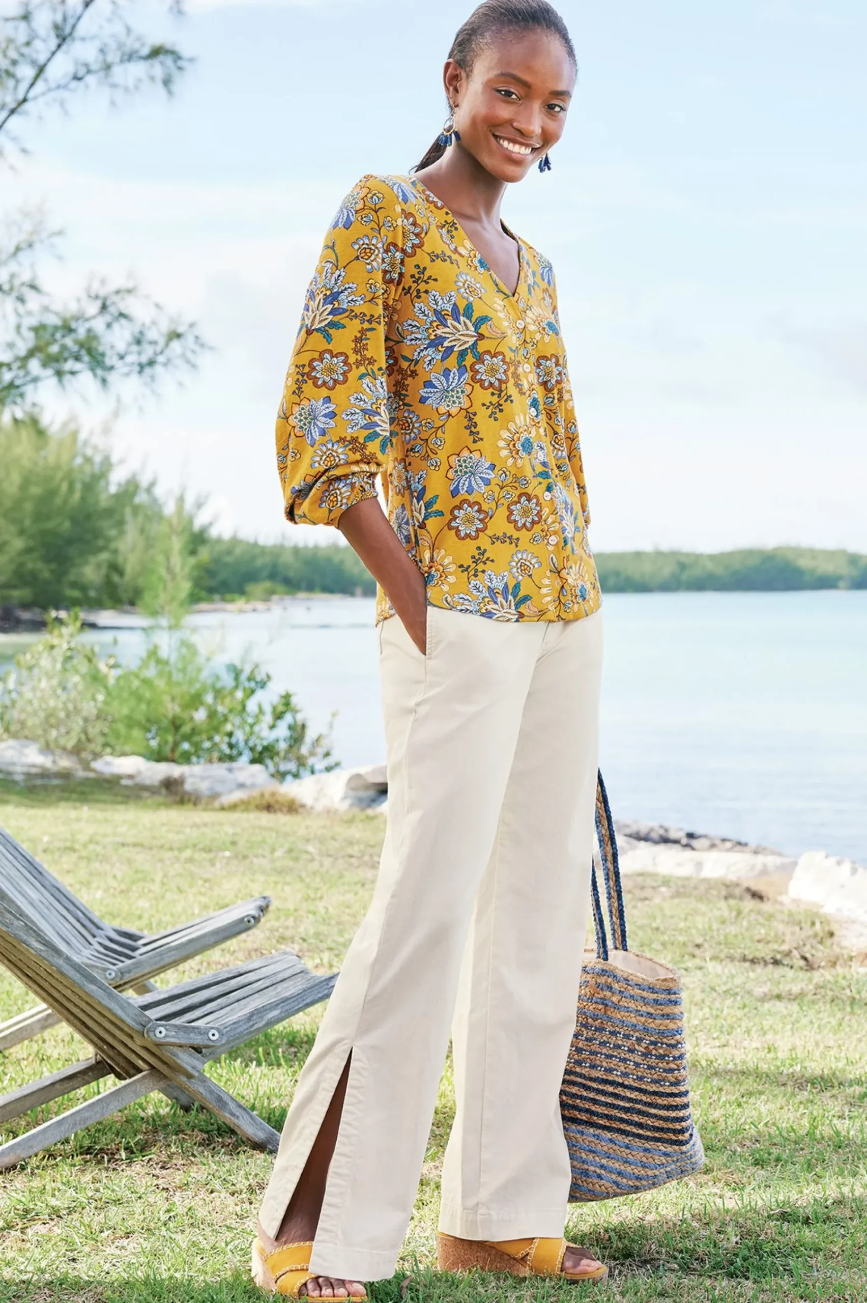 long sleeve|shirts-Soft Surroundings Lorna Button Front Top Swedish Blue