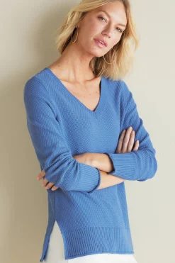 Into The Blues|Sweaters & Cardigans-Soft Surroundings Marin Back Button Sweater Riverside Blue