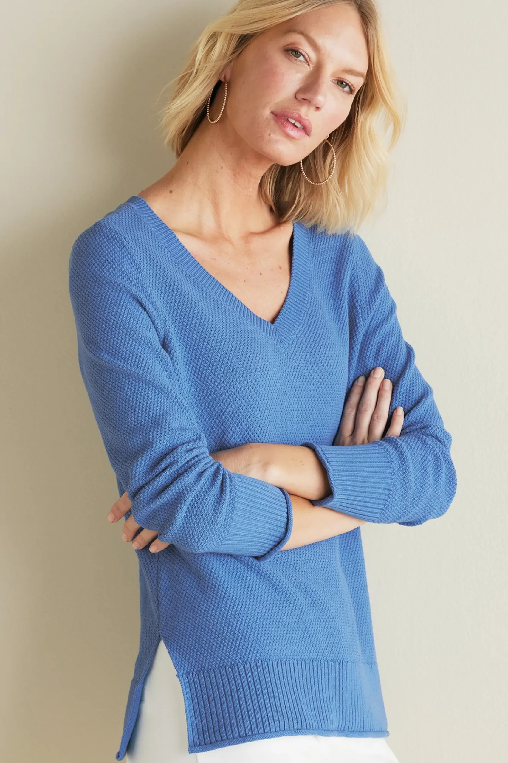Into The Blues|Sweaters & Cardigans-Soft Surroundings Marin Back Button Sweater Riverside Blue