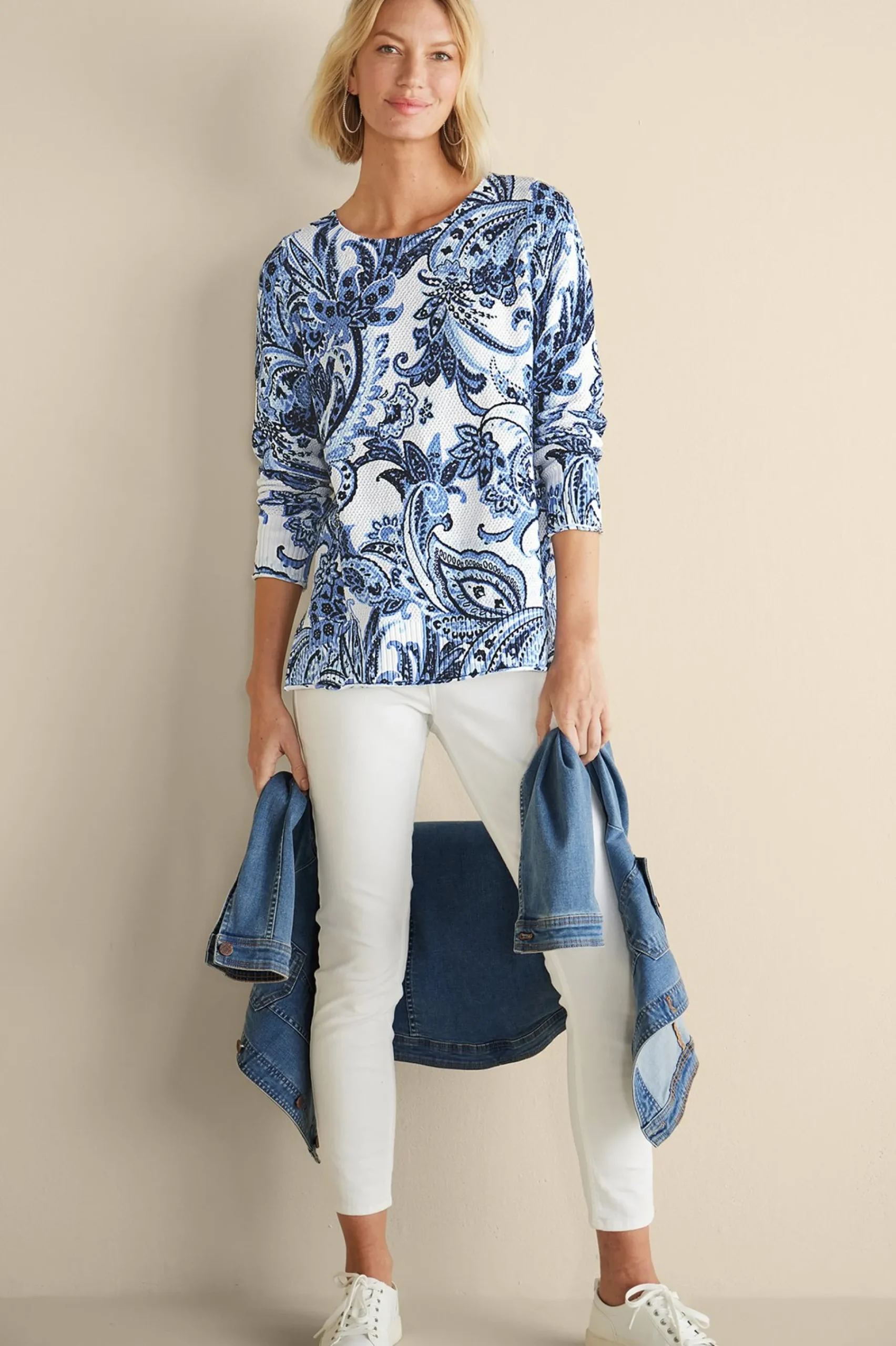 Feminine Flourish|Into The Blues-Soft Surroundings Marin Sweater Navy Blue Floral Paisley