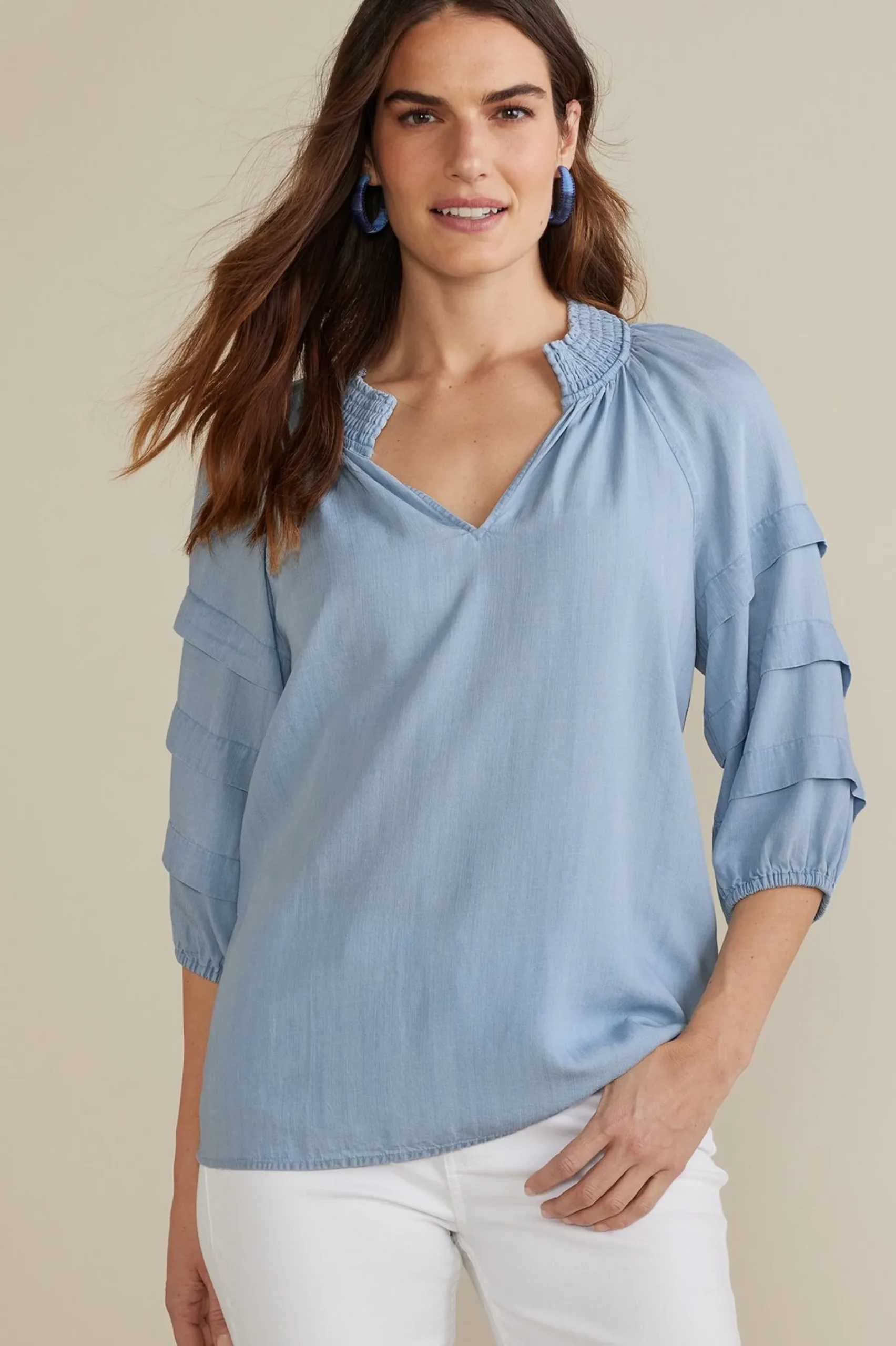 three quarter length|pullovers-Soft Surroundings Marisol TENCEL™ Top Light Chambray