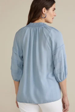 three quarter length|pullovers-Soft Surroundings Marisol TENCEL™ Top Light Chambray