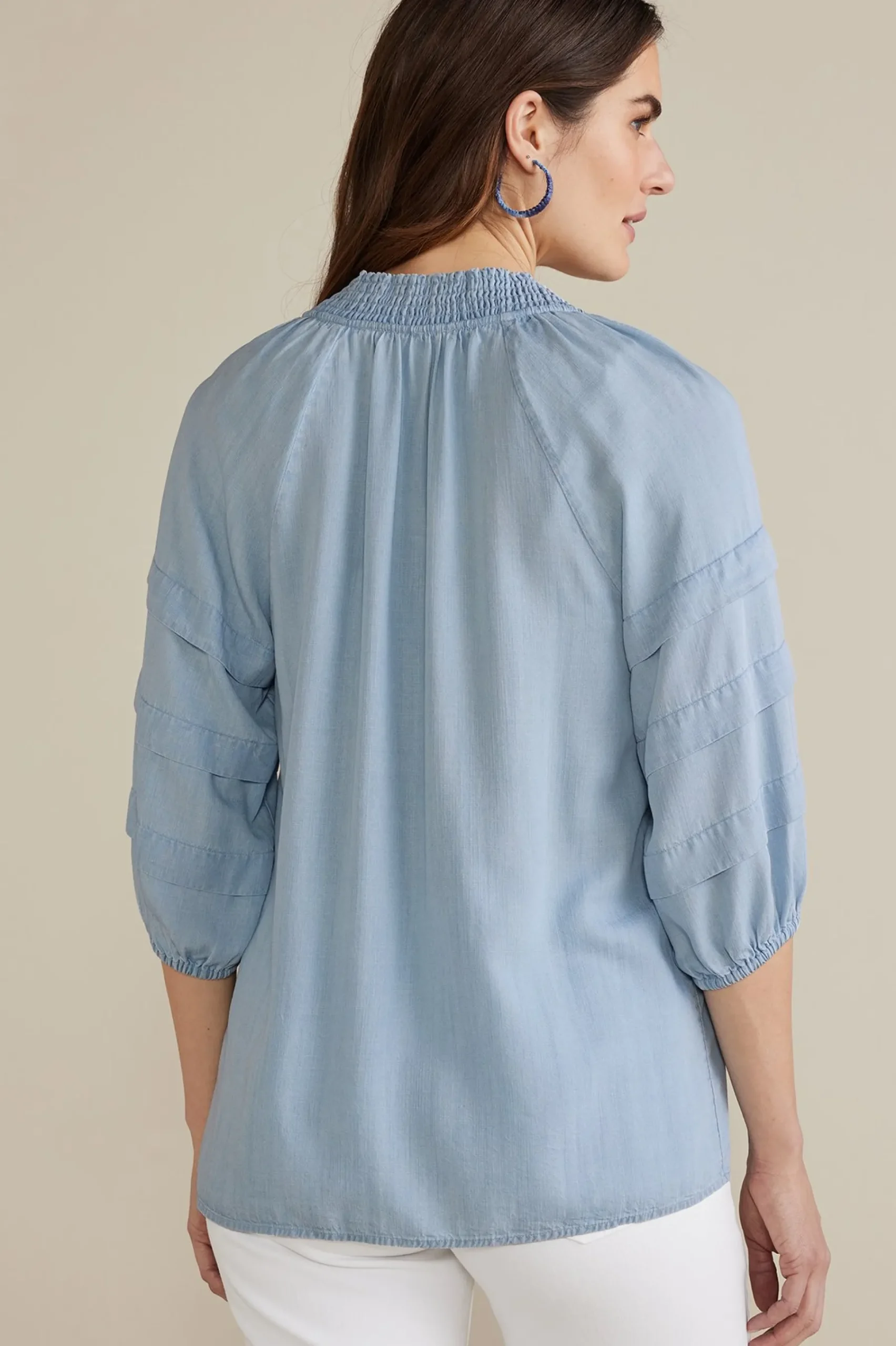 three quarter length|pullovers-Soft Surroundings Marisol TENCEL™ Top Light Chambray