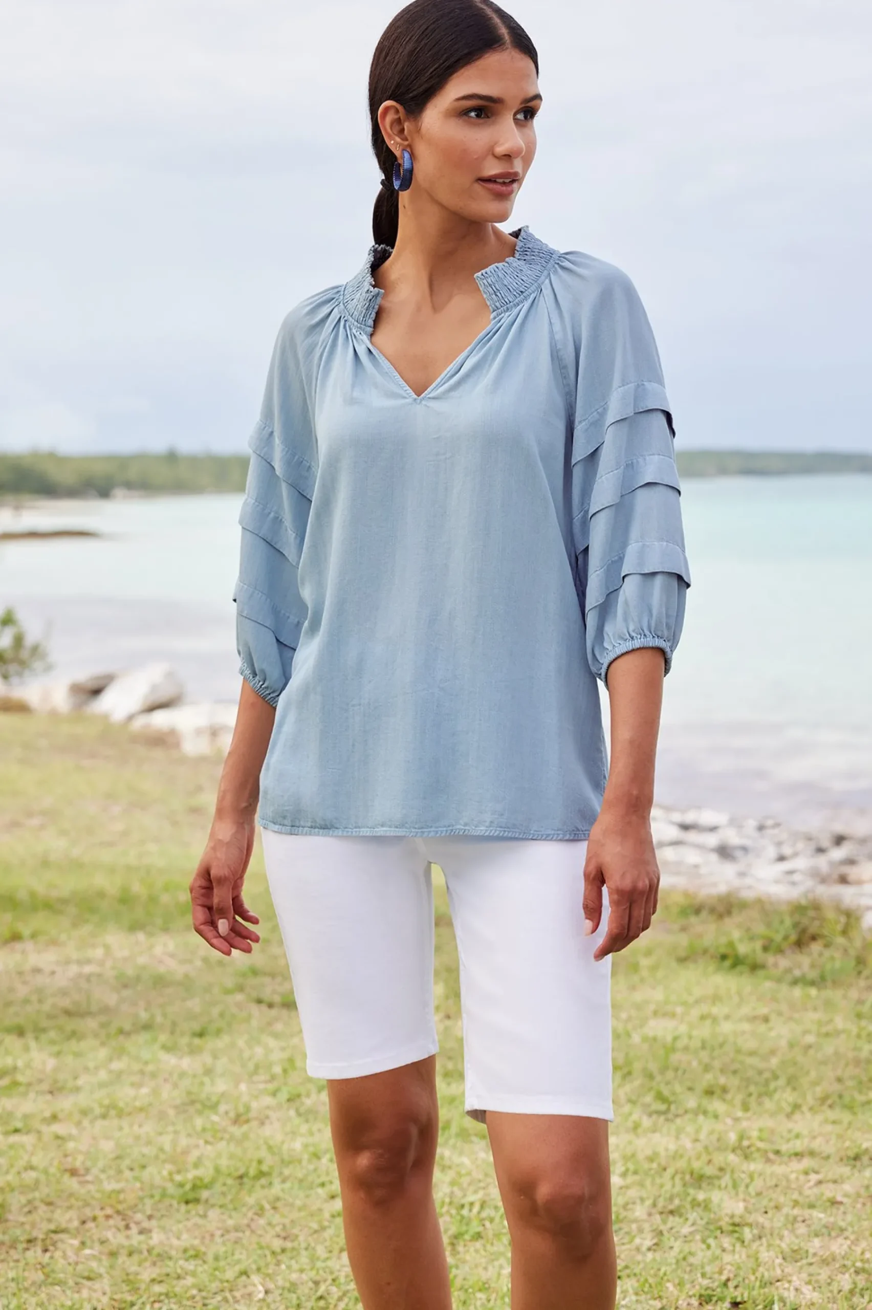 three quarter length|pullovers-Soft Surroundings Marisol TENCEL™ Top Light Chambray
