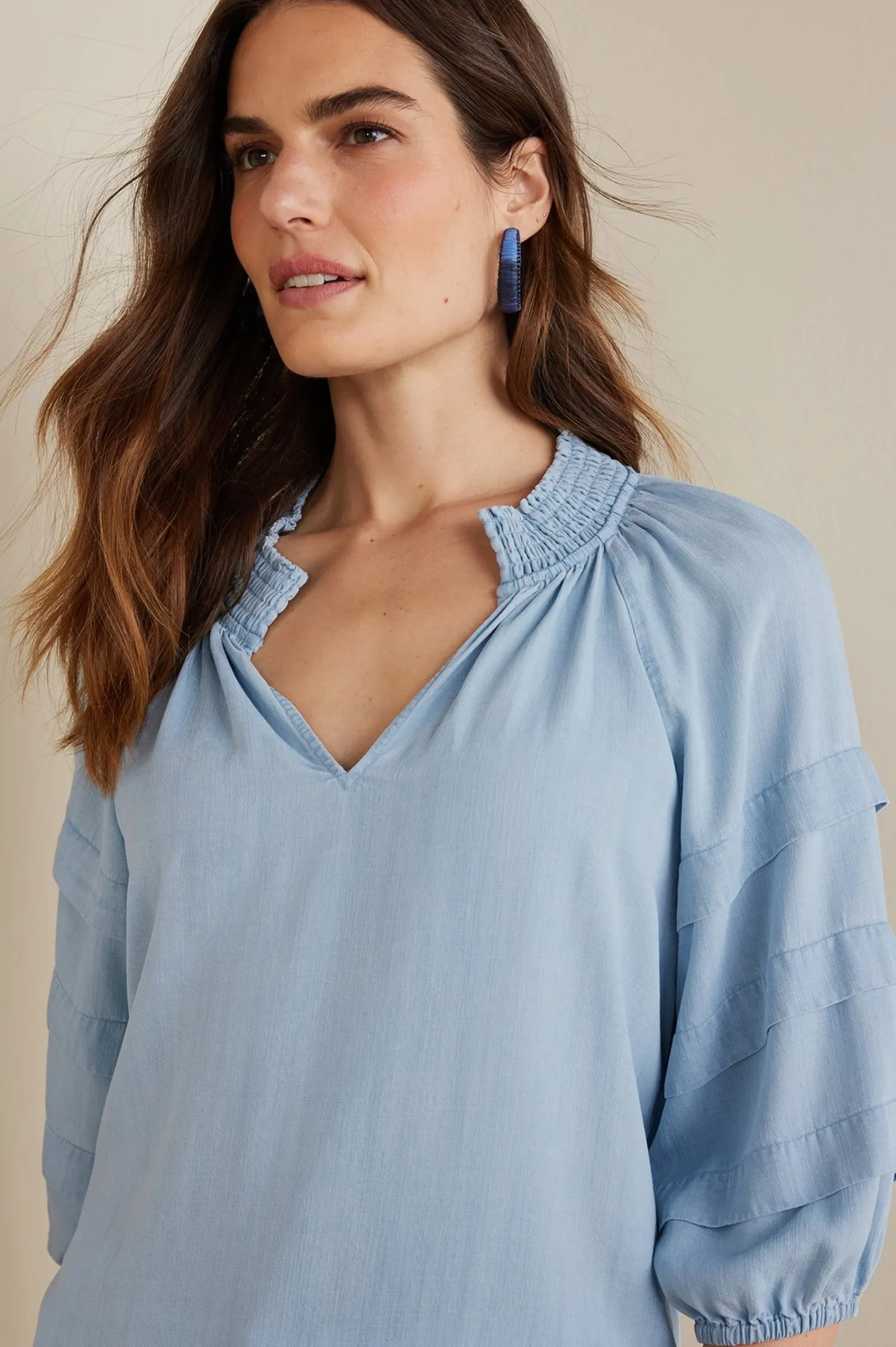 three quarter length|pullovers-Soft Surroundings Marisol TENCEL™ Top Light Chambray