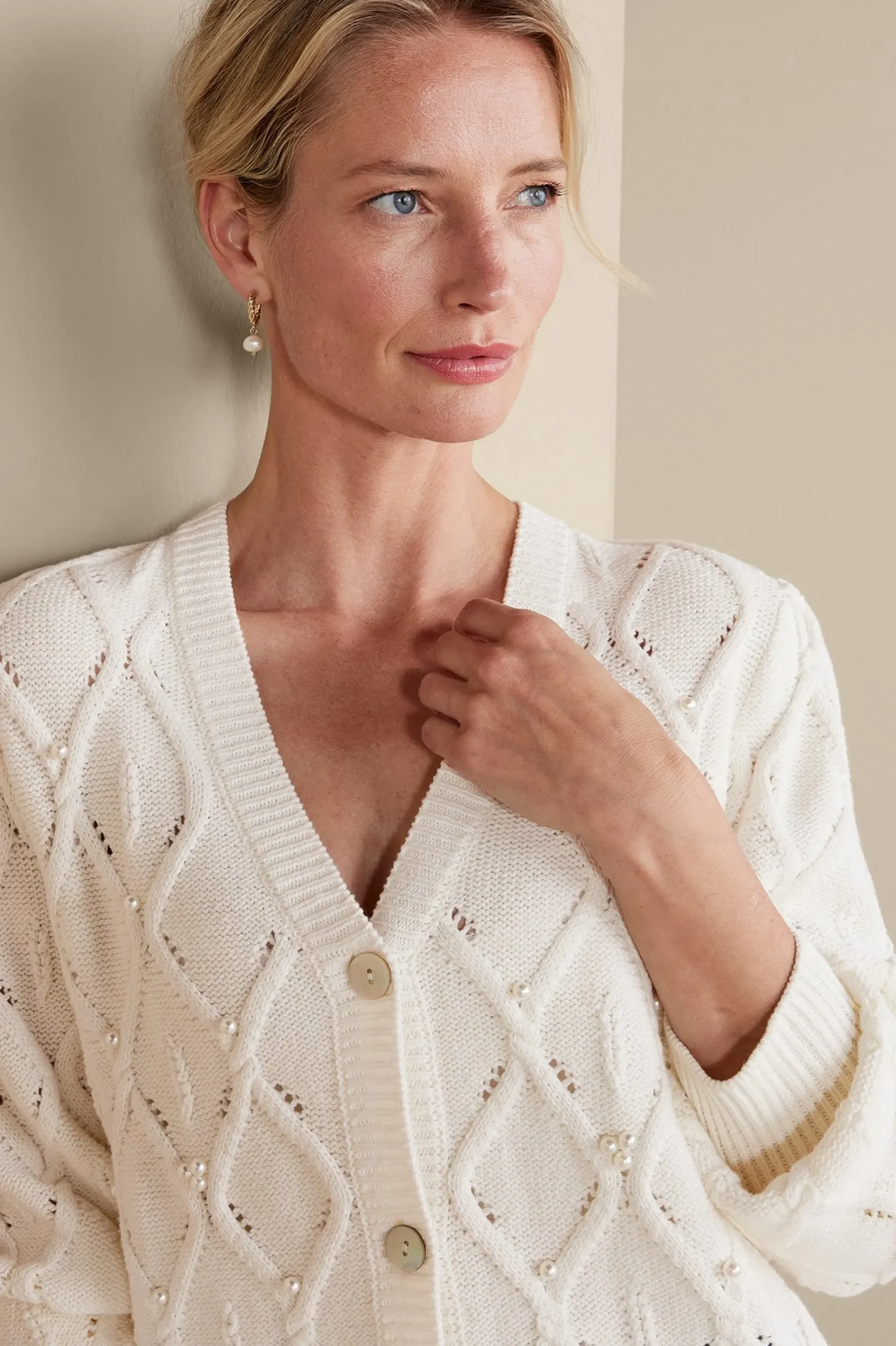 Everyday Styles|Sweaters & Cardigans-Soft Surroundings Meryl Cable Cardigan Ivory Pearl