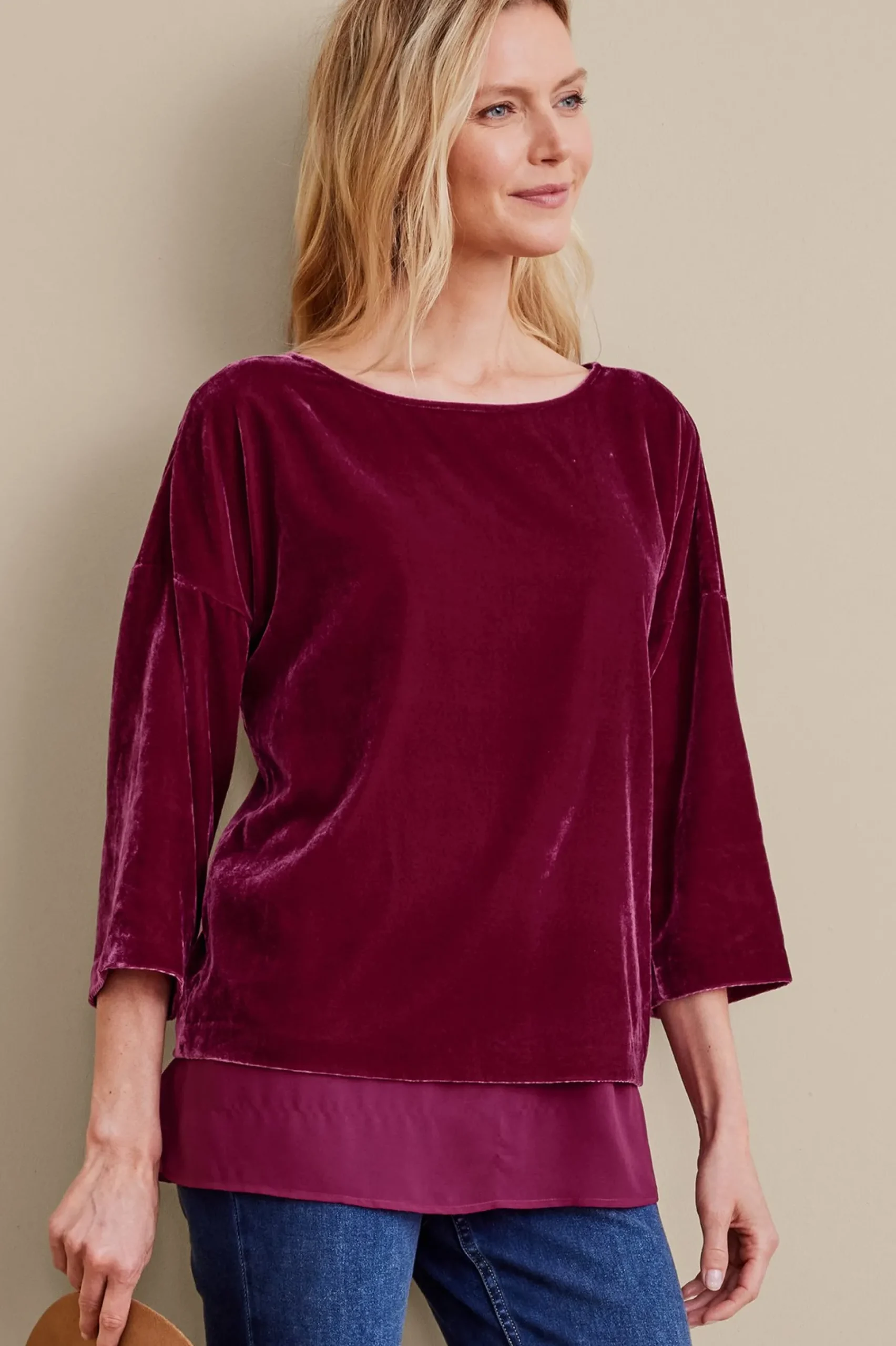 EVelvet Styles|three quarter length-Soft Surroundings Millie Velvet Tunic Dark Fuchsia