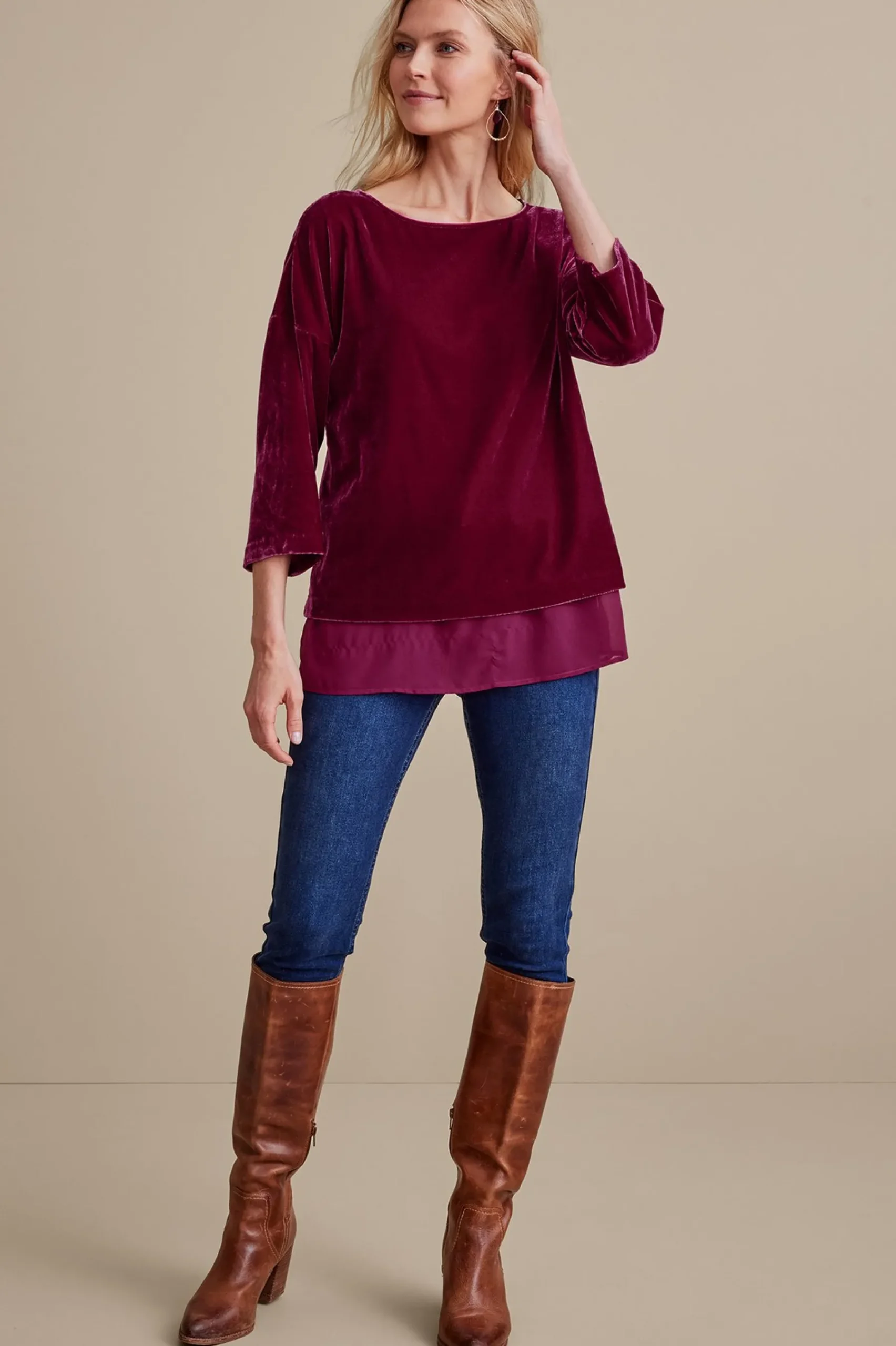 EVelvet Styles|three quarter length-Soft Surroundings Millie Velvet Tunic Dark Fuchsia