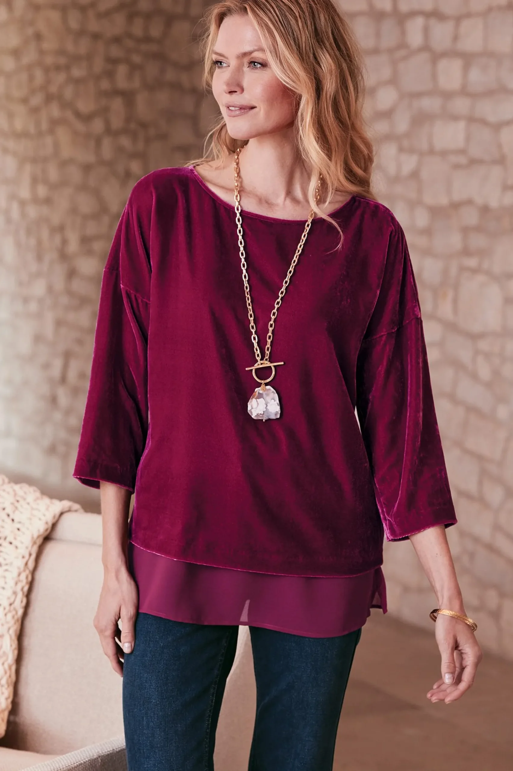 EVelvet Styles|three quarter length-Soft Surroundings Millie Velvet Tunic Dark Fuchsia