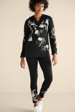 Wear Now Styles|long sleeve-Soft Surroundings Miraflores Embroidered French Terry Hoodie Black