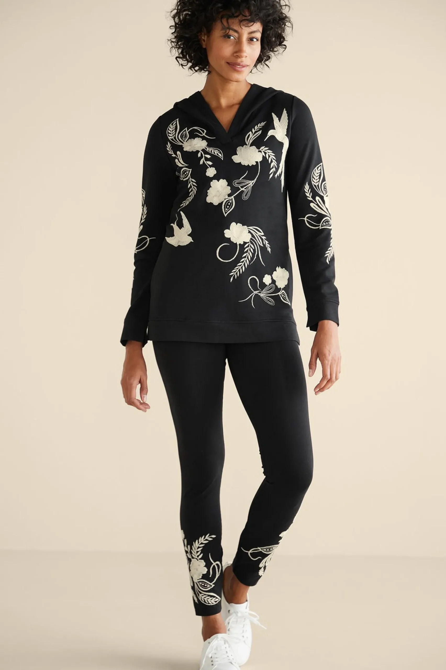 Wear Now Styles|long sleeve-Soft Surroundings Miraflores Embroidered French Terry Hoodie Black