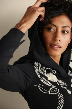 Wear Now Styles|long sleeve-Soft Surroundings Miraflores Embroidered French Terry Hoodie Black