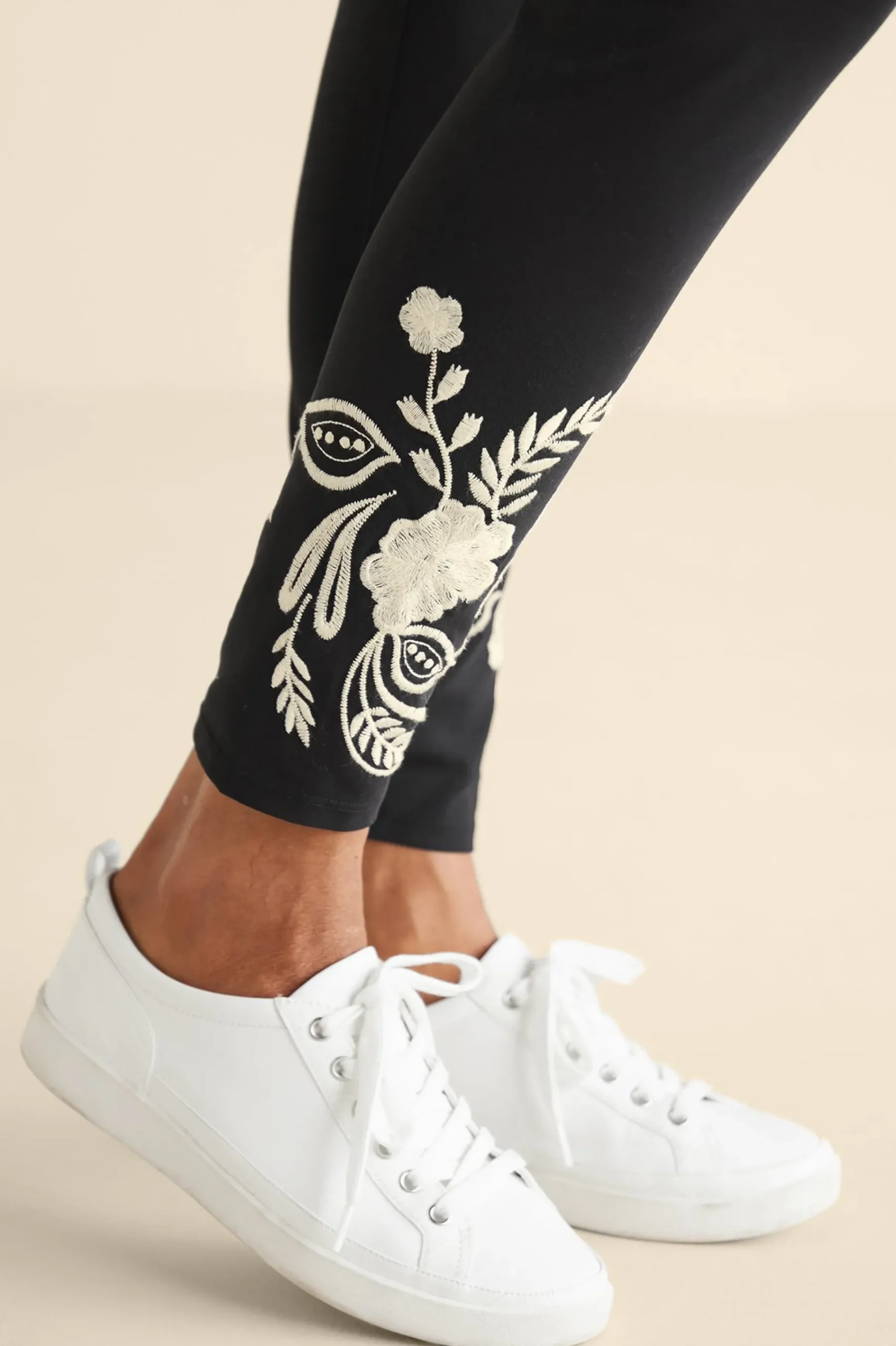 Wear Now Styles|full length-Soft Surroundings Miraflores Embroidered Legging Black