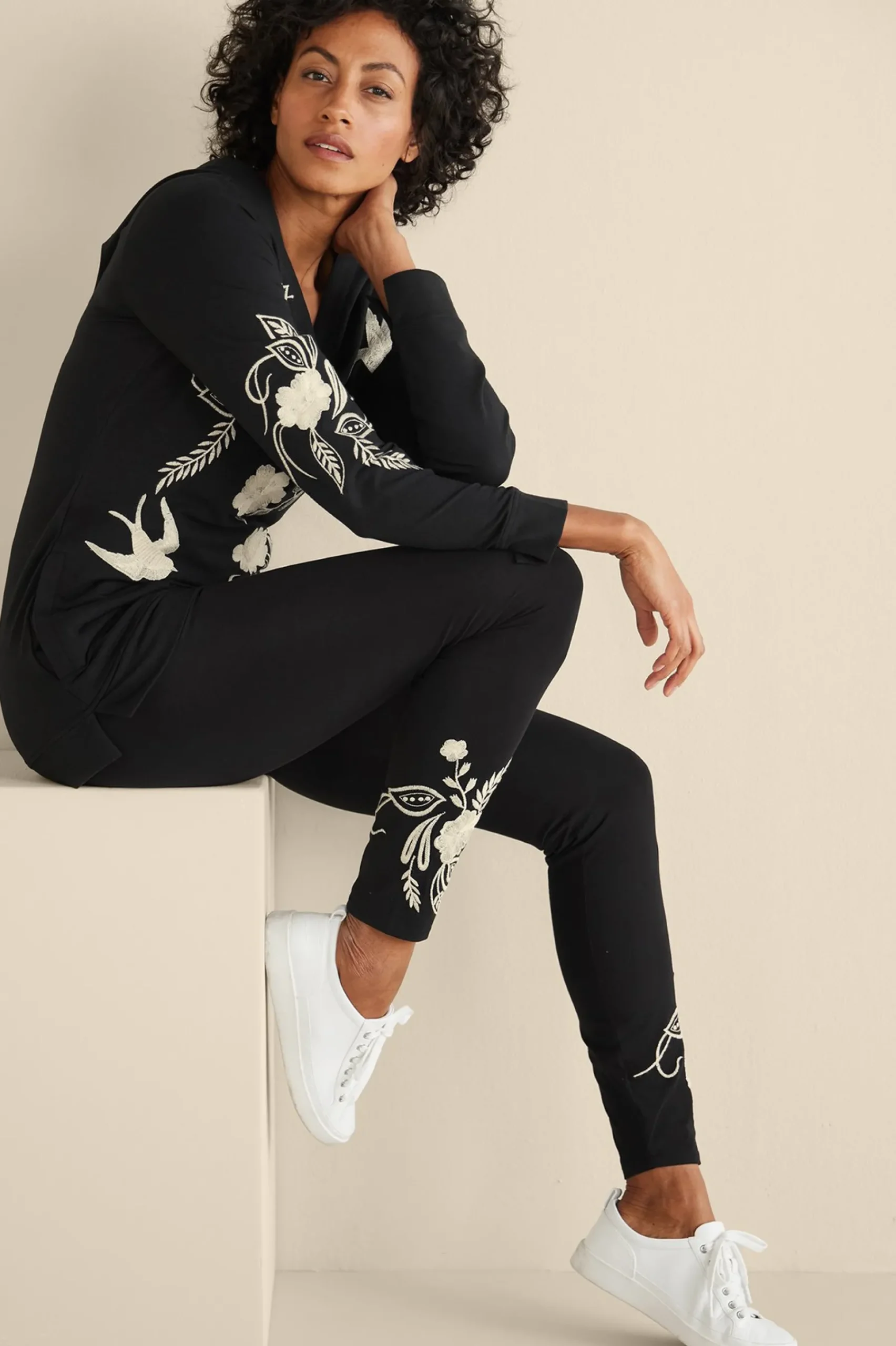 Wear Now Styles|full length-Soft Surroundings Miraflores Embroidered Legging Black