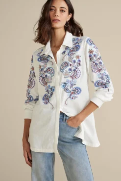 Feminine Flourish|Into The Blues-Soft Surroundings Nadia Linen Blend Shirt Grey/Blue Bandana Paisley
