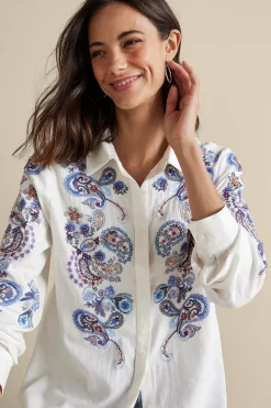 Feminine Flourish|Into The Blues-Soft Surroundings Nadia Linen Blend Shirt Grey/Blue Bandana Paisley