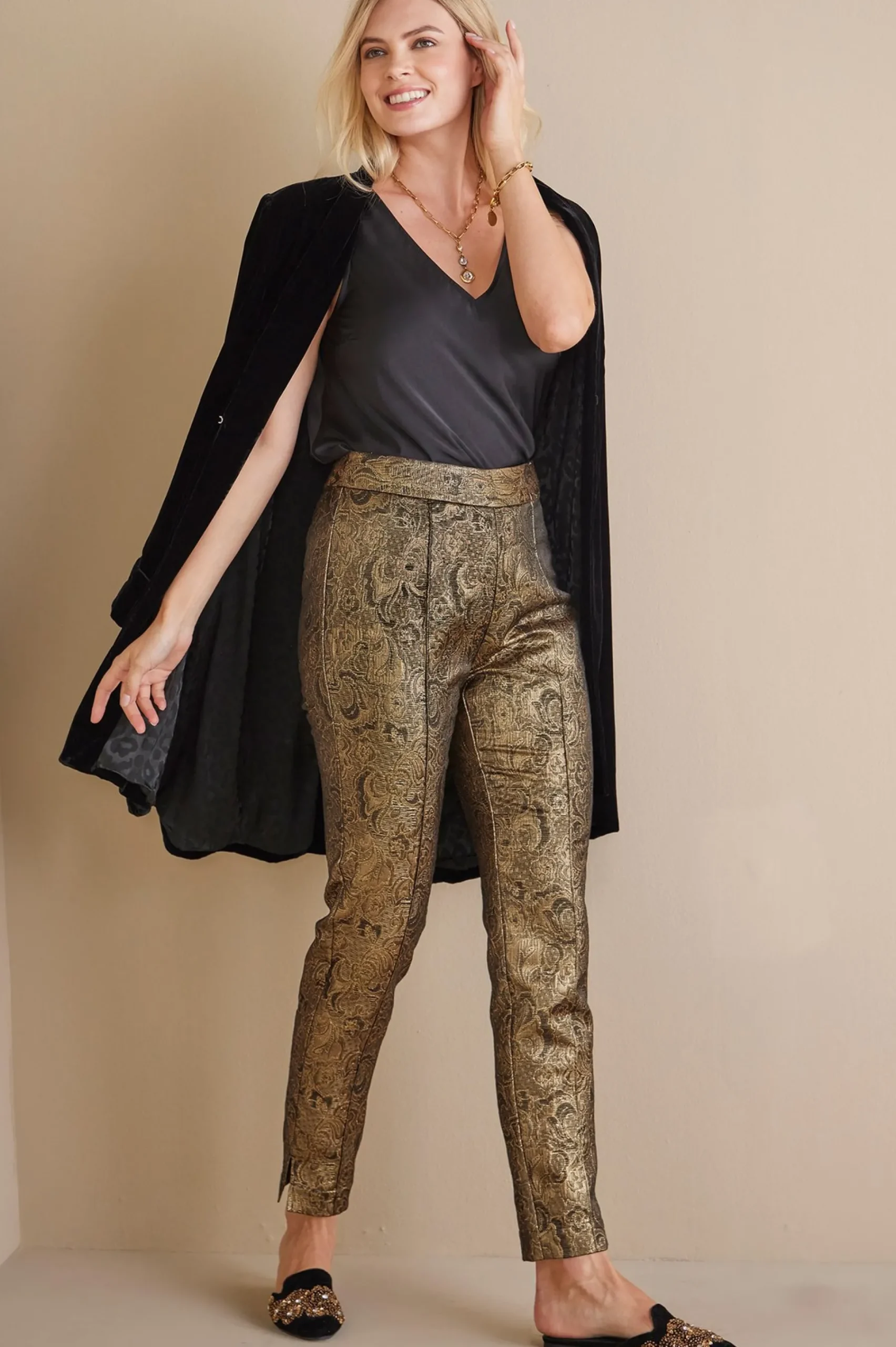 ankle|straight-Soft Surroundings Nevina Jacquard Trouser Gold Floral