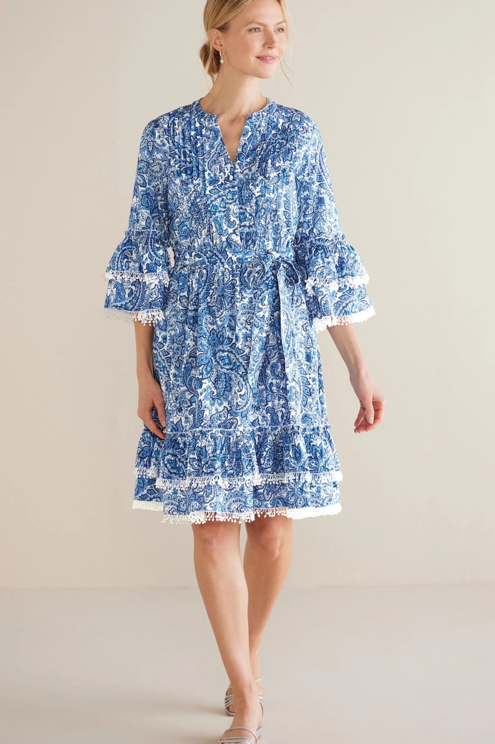 Into The Blues|Dresses-Soft Surroundings Petites Adeline Short Dress Spring Paisley Chambray