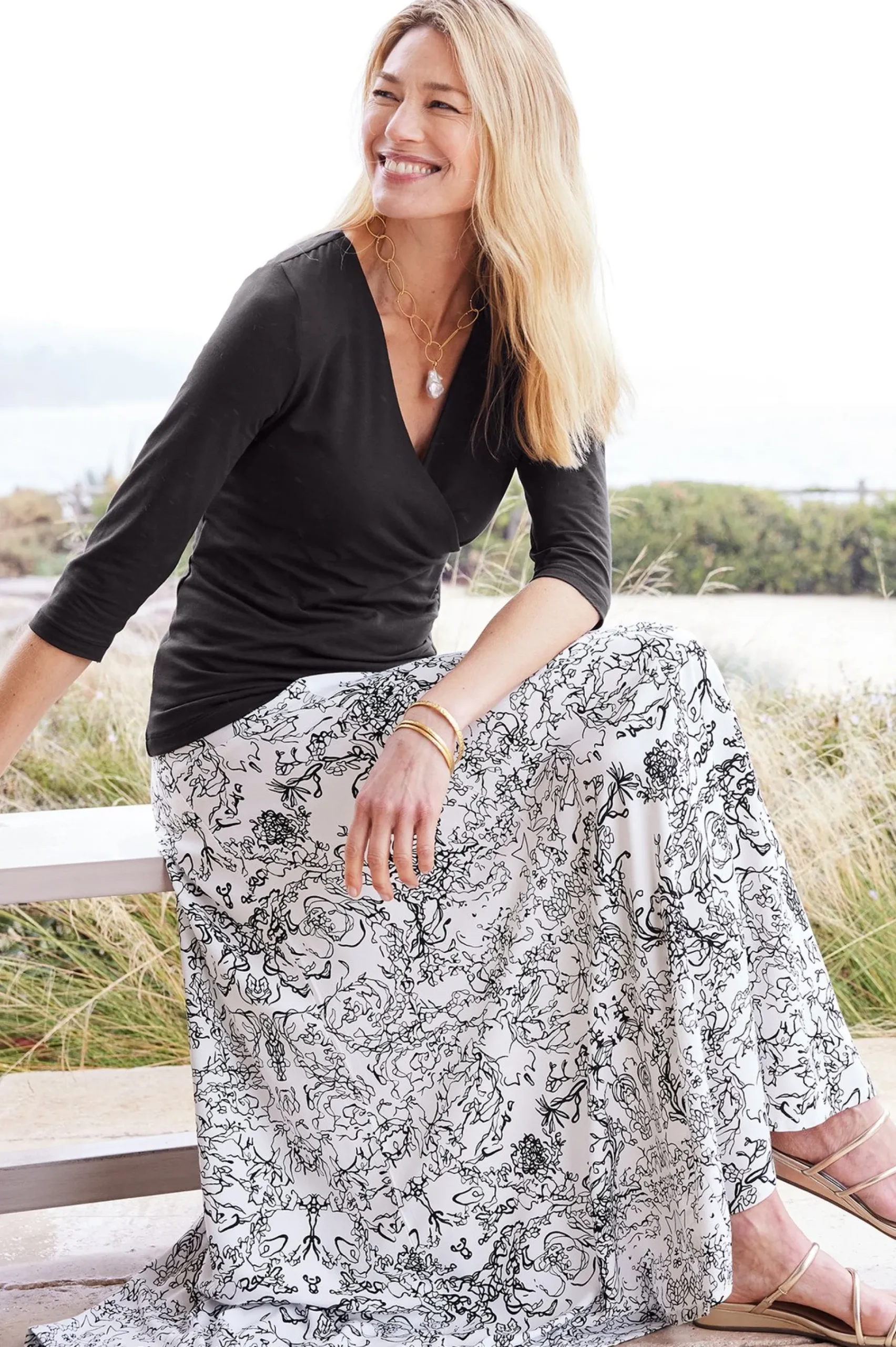 Skirts-Soft Surroundings Petites Amaranth Skirt Black White Floral