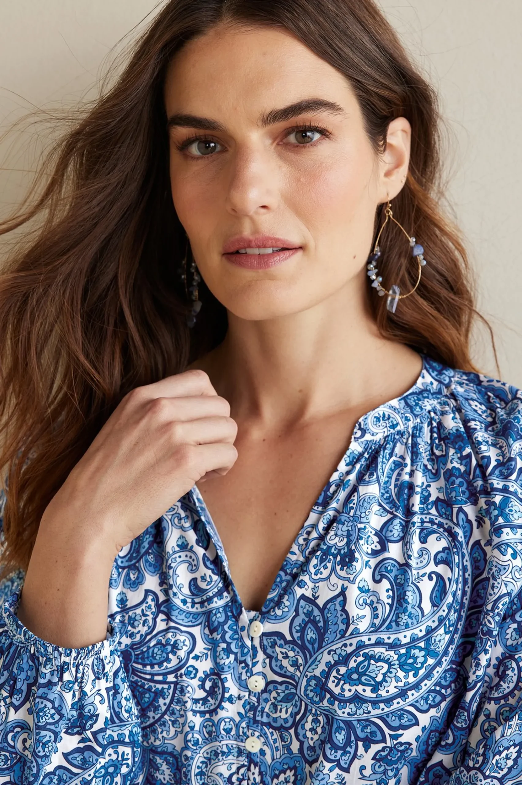 Into The Blues-Soft Surroundings Petites Celia Top Spring Paisley Chambray