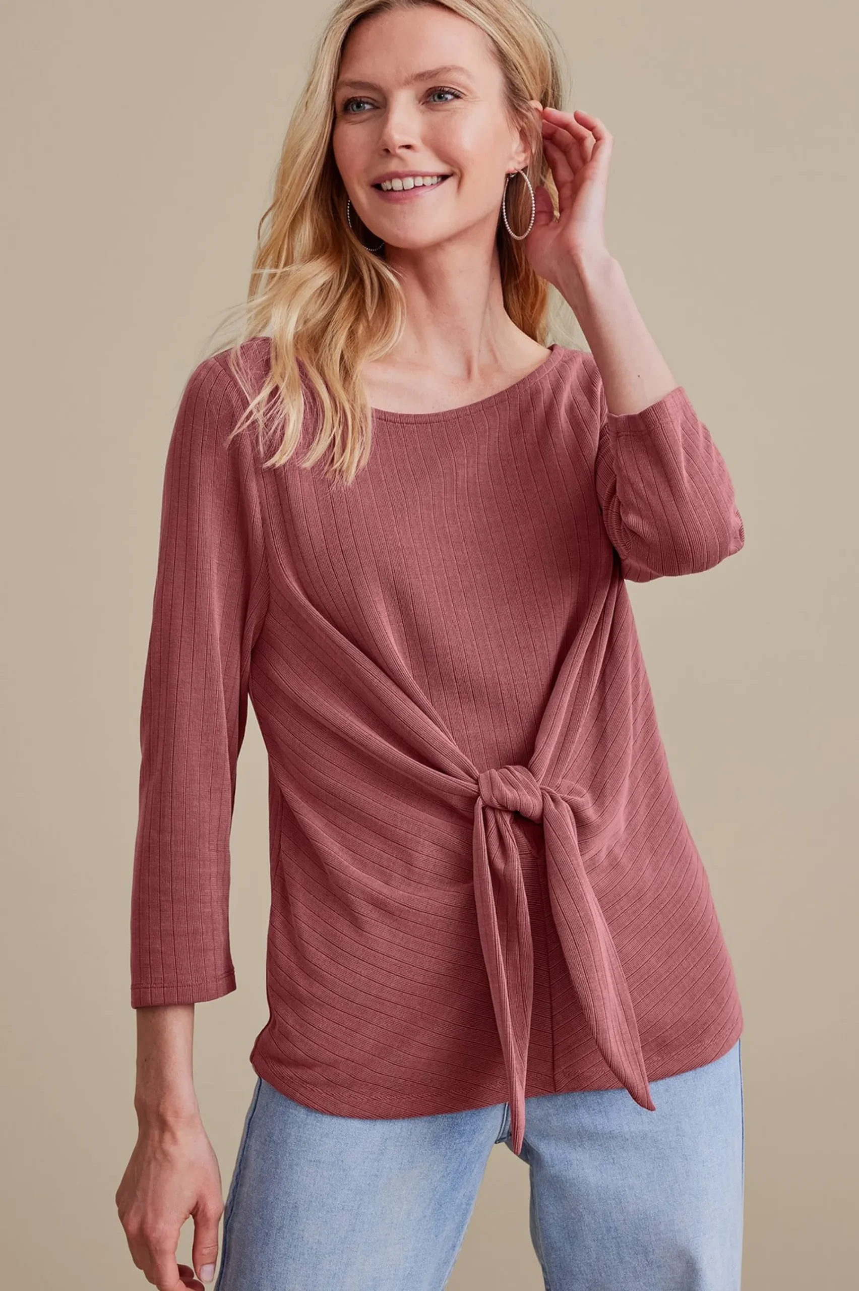 three quarter length|pullovers-Soft Surroundings Petites Corrie Top Garnet