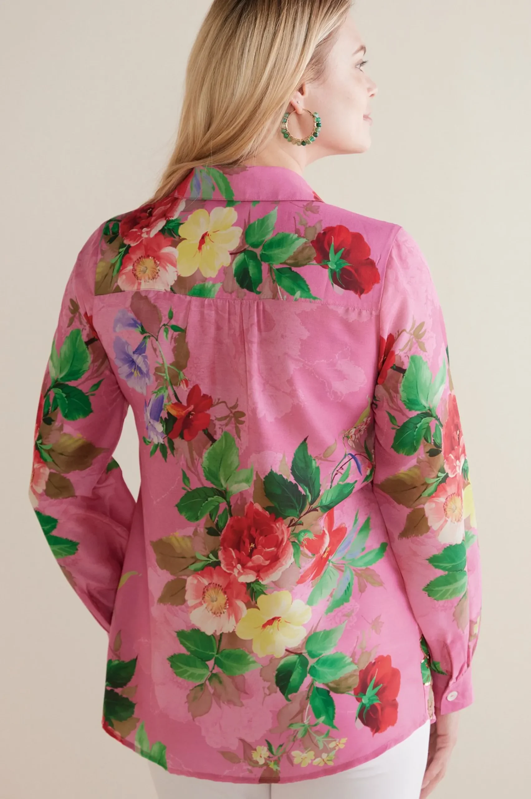 The Floral Shop-Soft Surroundings Petites Danica Embellished Shirt Red/Pink Floral