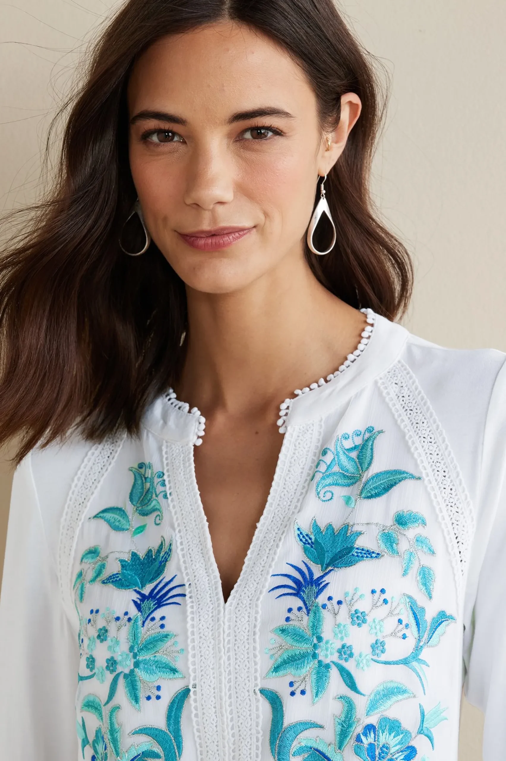 Into The Blues|The Floral Shop-Soft Surroundings Petites Delsie Embroidered Top White