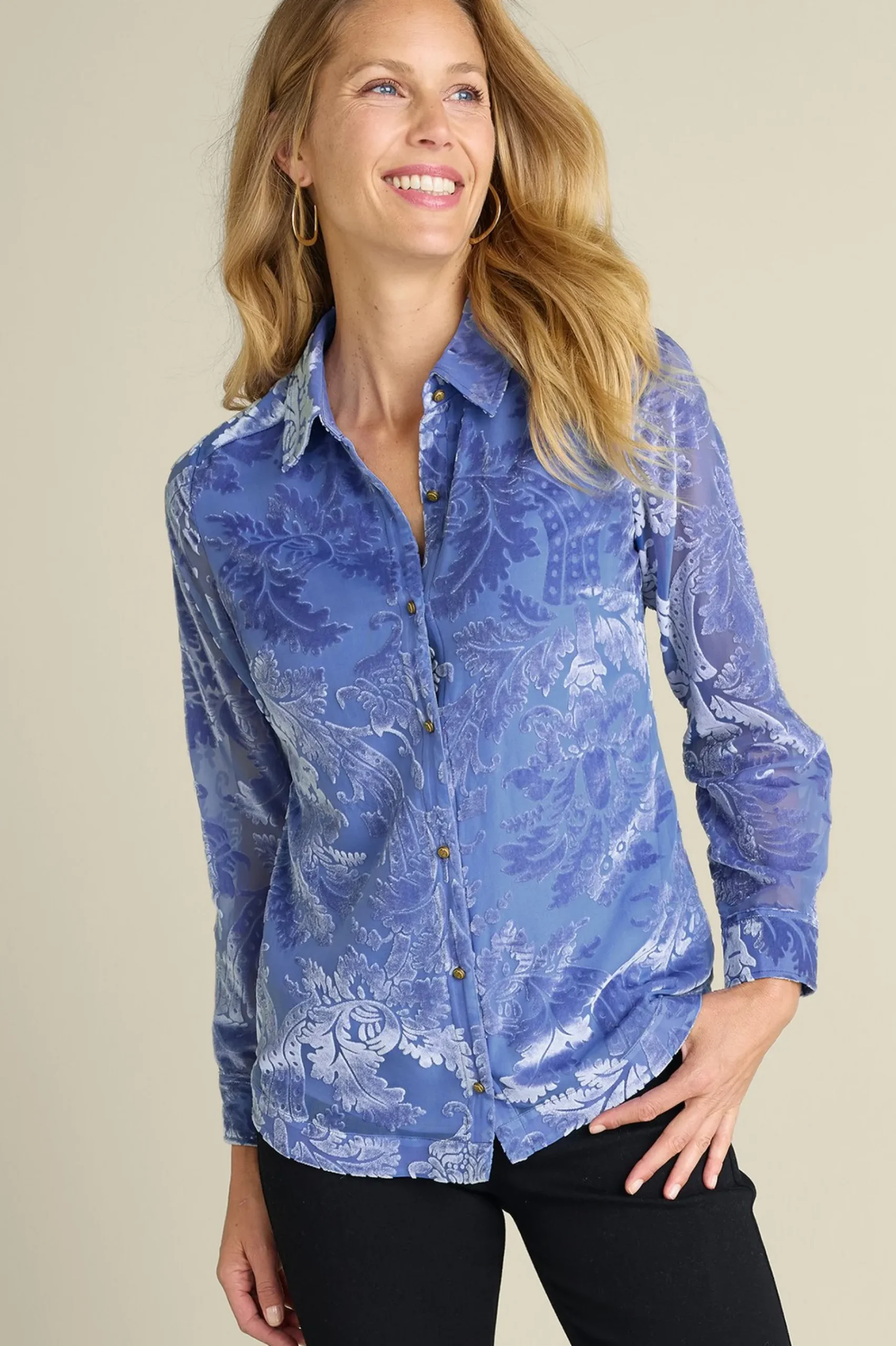 Feminine Flourish|Into The Blues-Soft Surroundings Petites Floreat Velvet Shirt Sapphire
