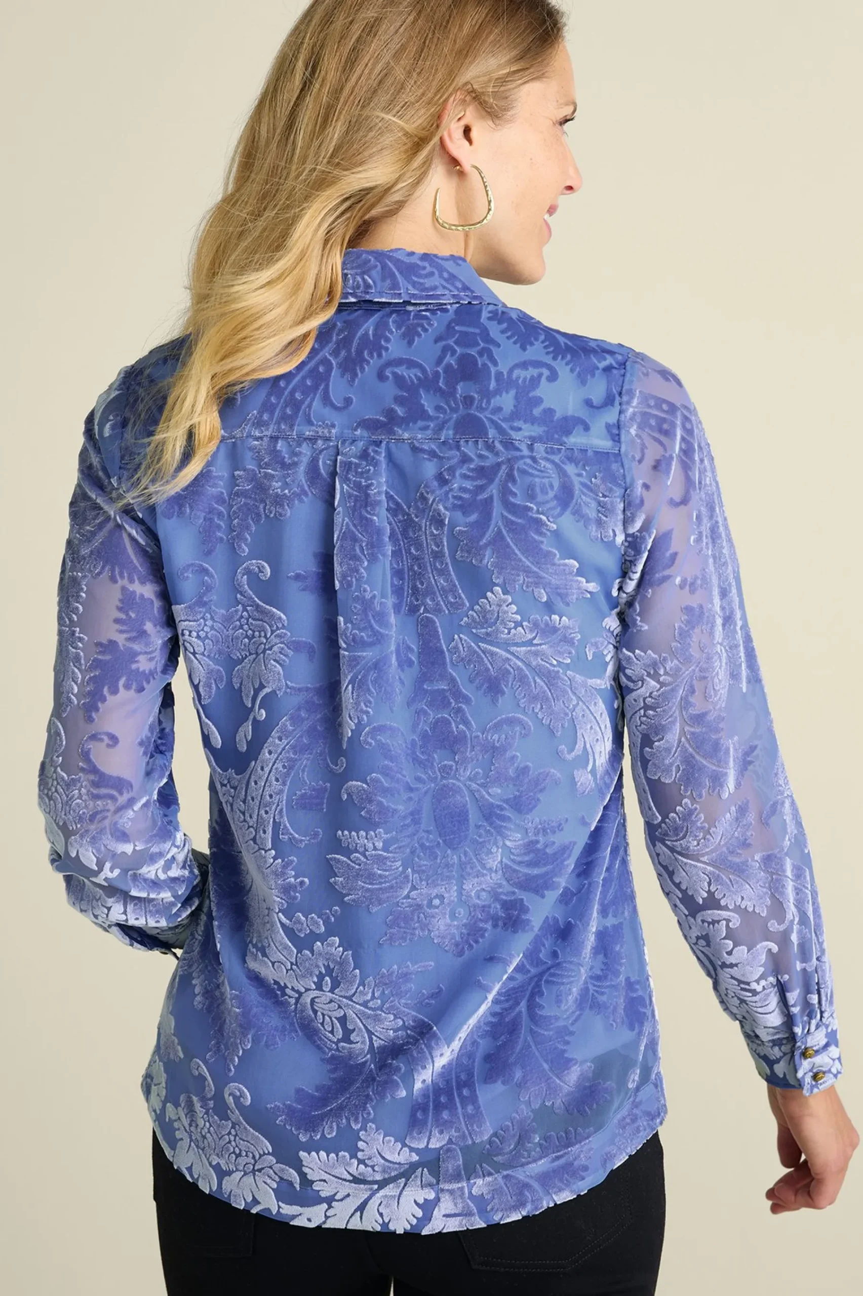 Feminine Flourish|Into The Blues-Soft Surroundings Petites Floreat Velvet Shirt Sapphire