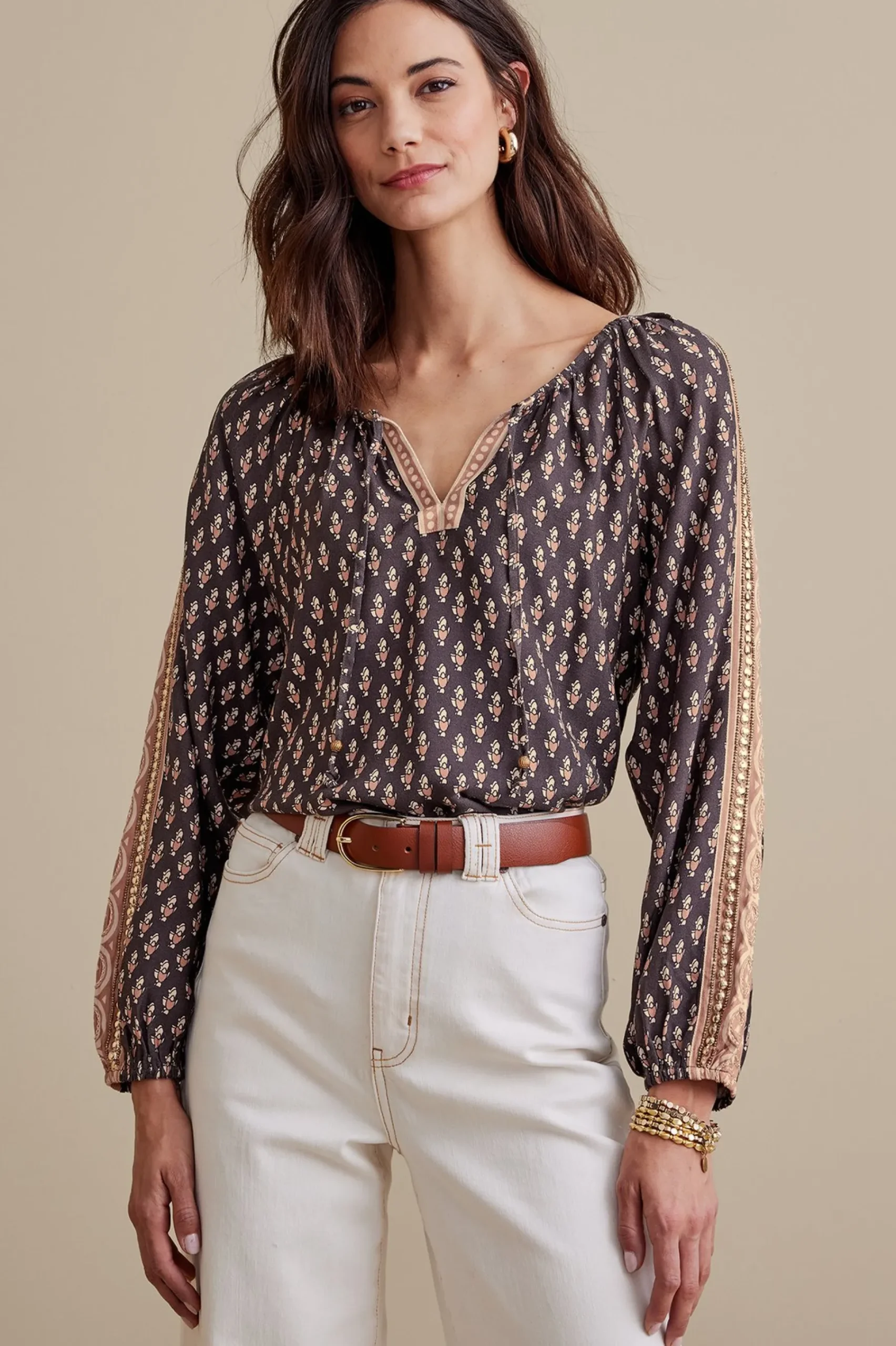 long sleeve|pullovers-Soft Surroundings Petites Jolene Blouse Neutral Geo