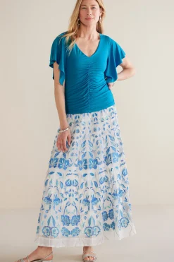Feminine Flourish|Into The Blues-Soft Surroundings Petites Leya Ruched Top Swedish Blue