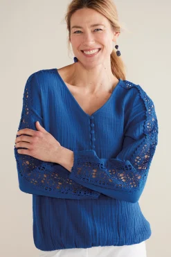 Feminine Flourish|Into The Blues-Soft Surroundings Petites Melinda Gauze & Crochet Top Sapphire