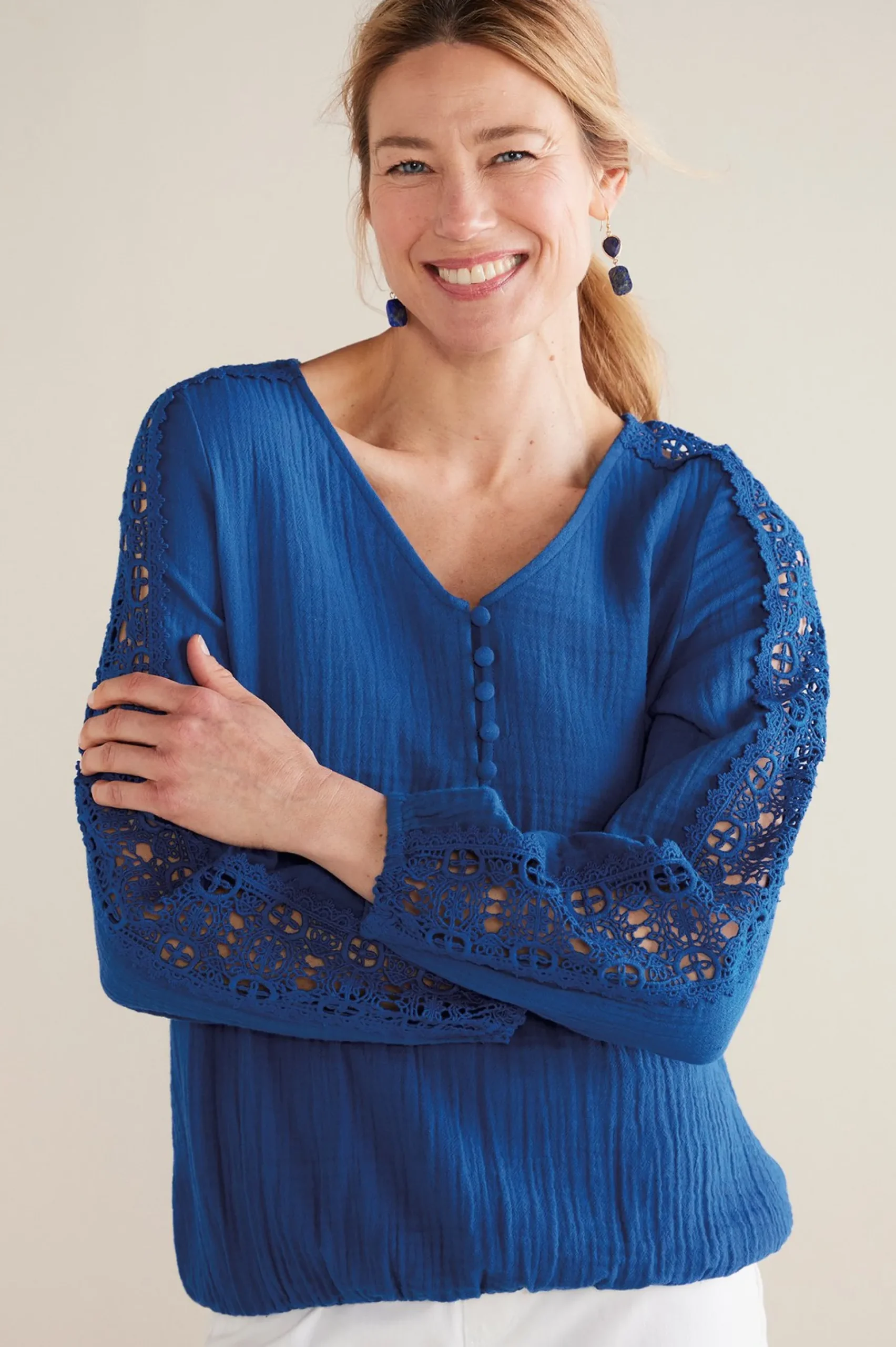 Feminine Flourish|Into The Blues-Soft Surroundings Petites Melinda Gauze & Crochet Top Sapphire