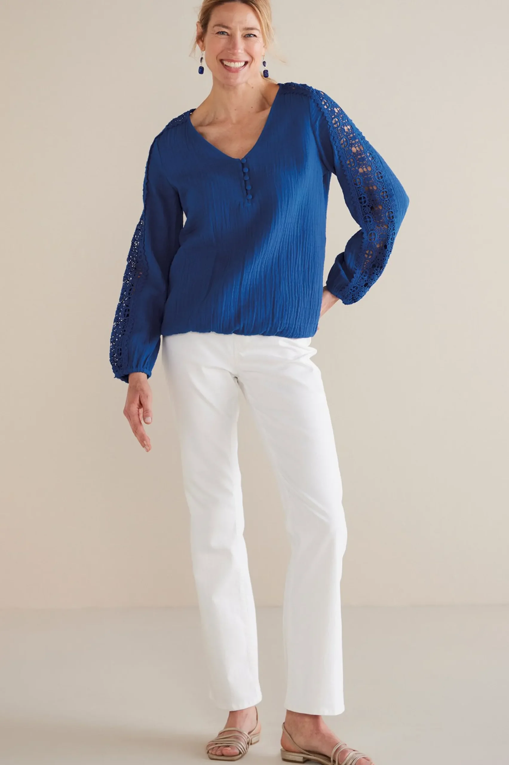 Feminine Flourish|Into The Blues-Soft Surroundings Petites Melinda Gauze & Crochet Top Sapphire
