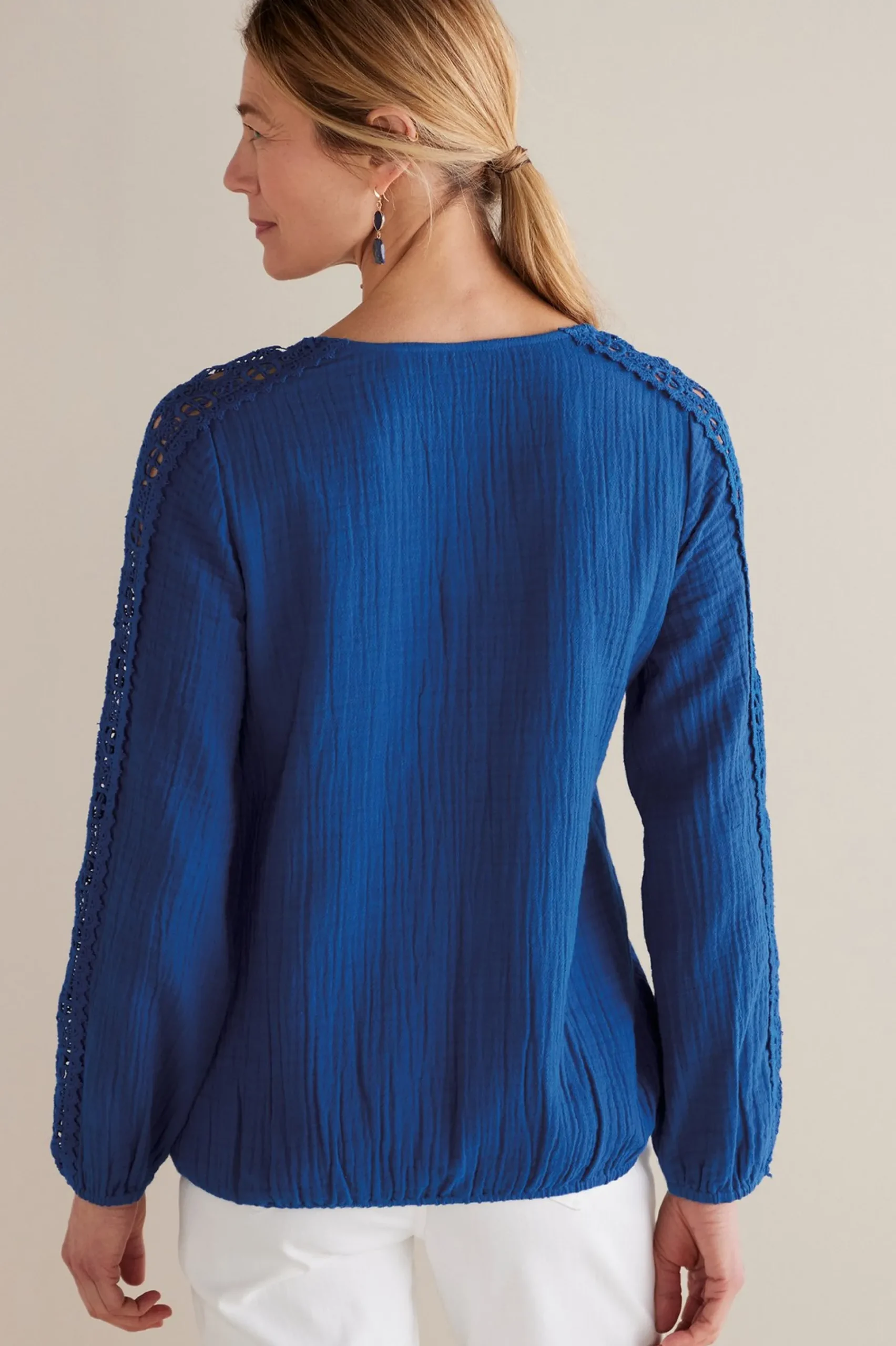 Feminine Flourish|Into The Blues-Soft Surroundings Petites Melinda Gauze & Crochet Top Sapphire