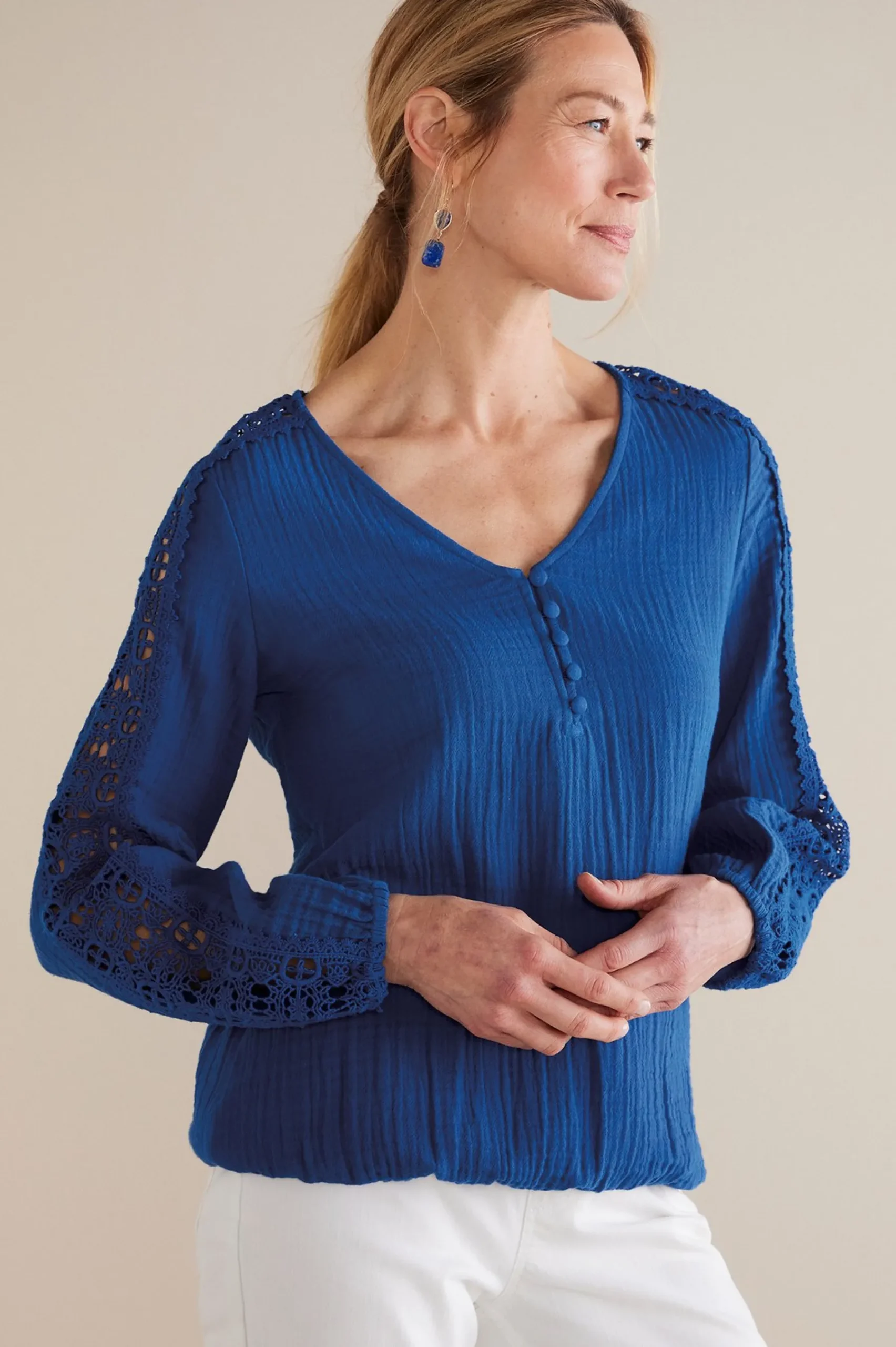 Feminine Flourish|Into The Blues-Soft Surroundings Petites Melinda Gauze & Crochet Top Sapphire