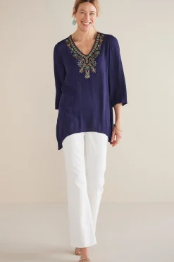 Feminine Flourish|Into The Blues-Soft Surroundings Petites Paulina Gauze Pullover Navy
