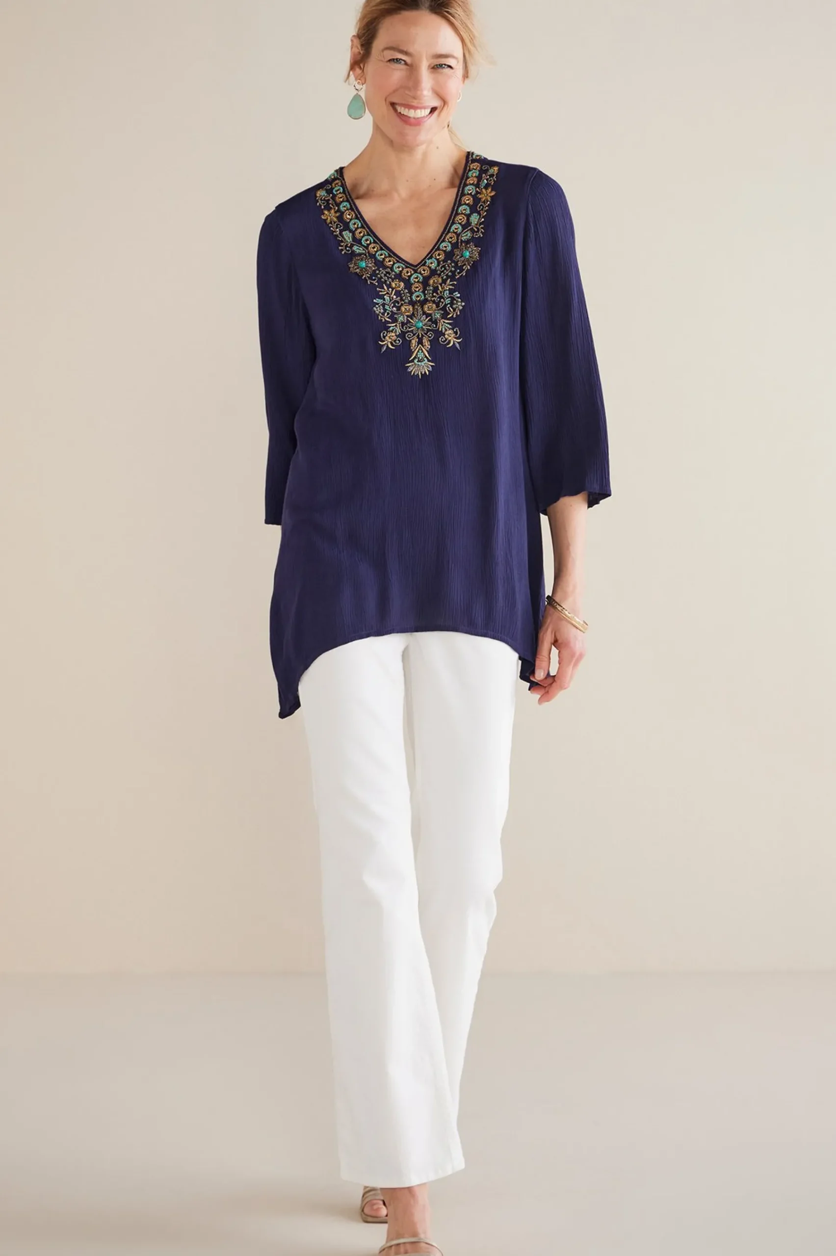 Feminine Flourish|Into The Blues-Soft Surroundings Petites Paulina Gauze Pullover Navy